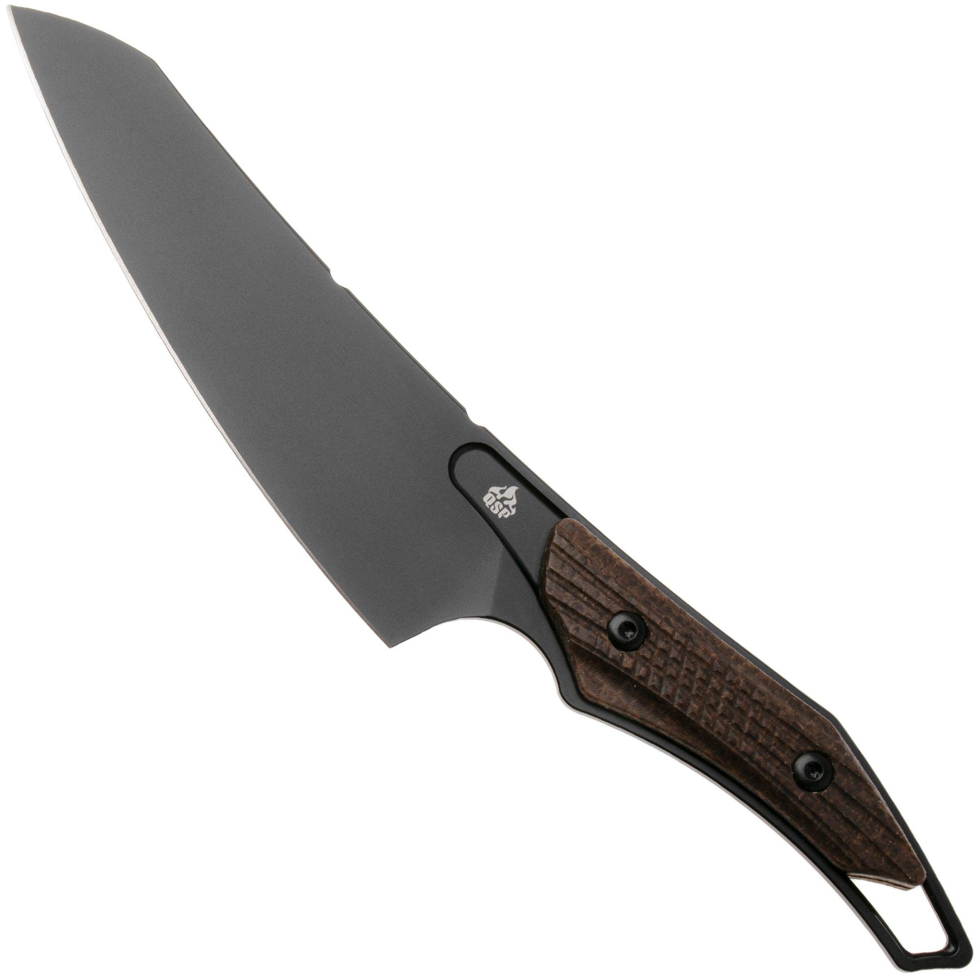 QSP Knife T-Cook QS172-C2, Black Nitro-V, Glow In The Dark Brown Burlap Micarta Fahrtenmesser