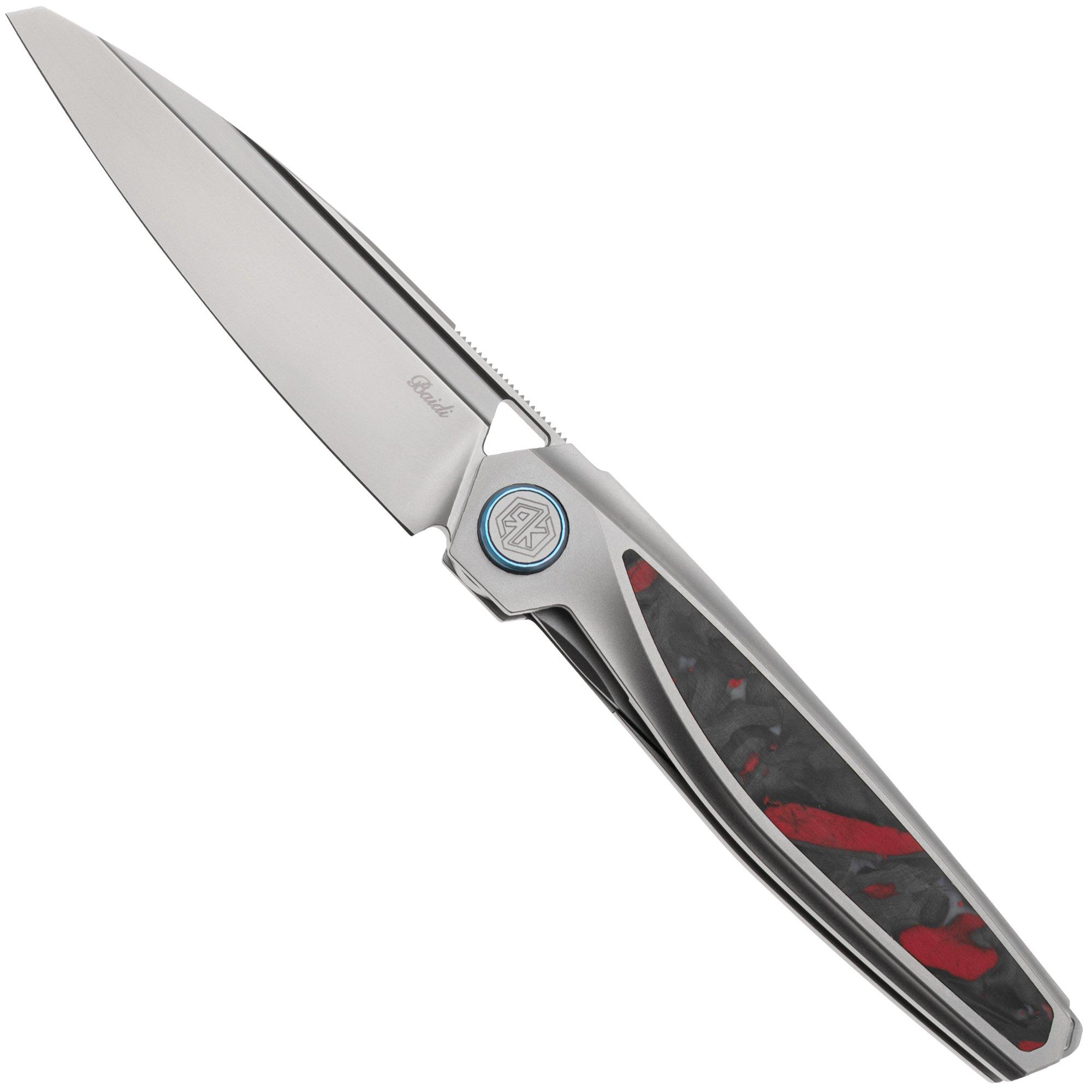 Rike Knife Baidi 13205-3 Bead Blasted Bohler M390, Titanium, Red Carbon Fiber Inlay, Taschenmesser