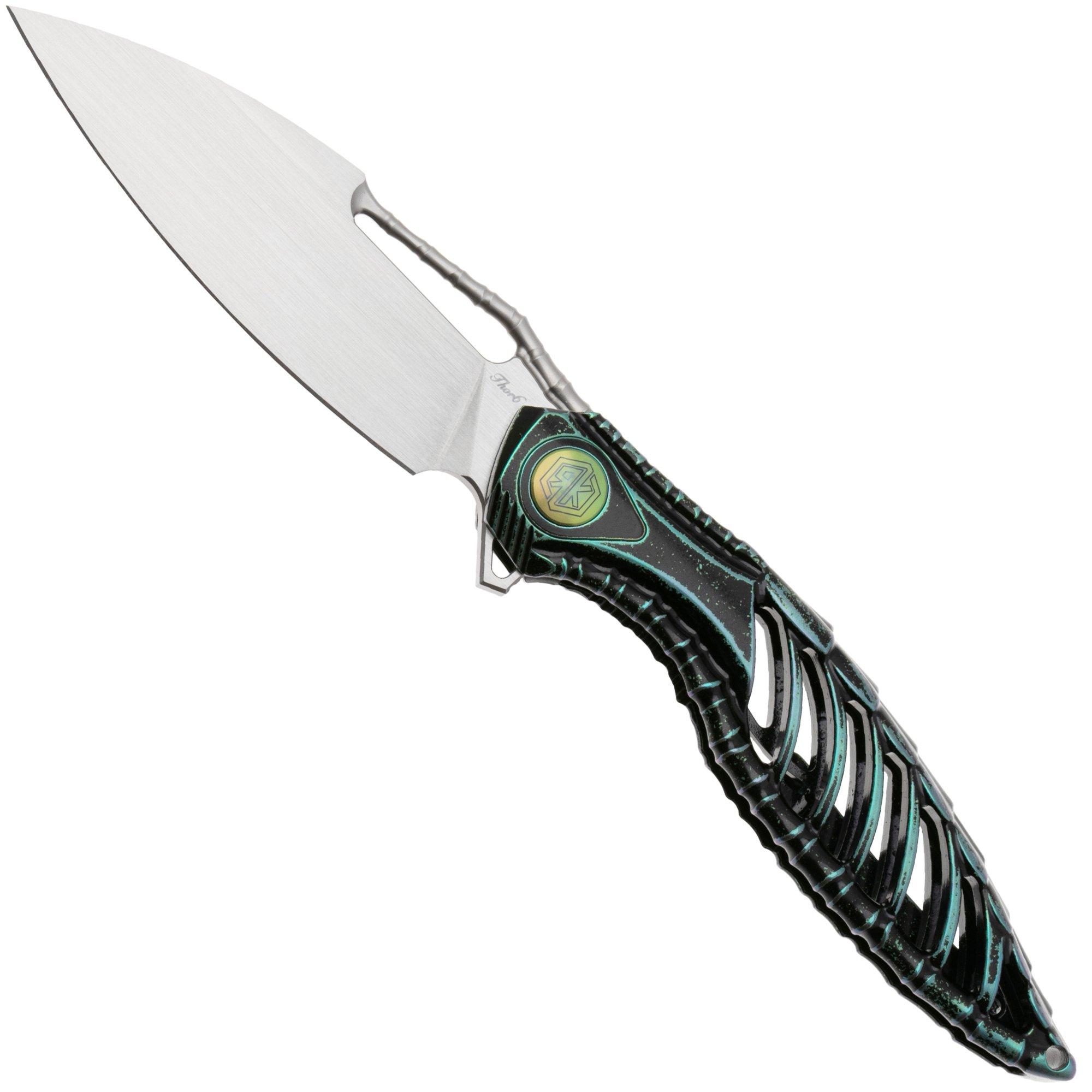 Rike Knife Thor6-M-BG Satin Böhler M390, Black Green Titanium, pocket knife