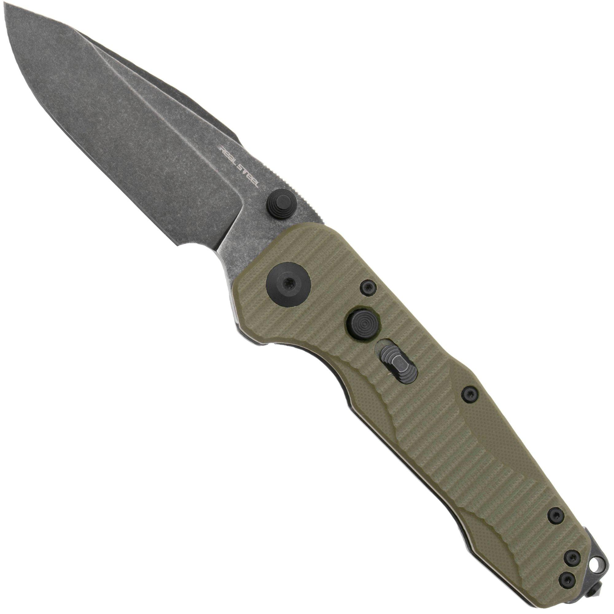 Nóż składany Real Steel Evolution Ironclad 7911BG, Blackwashed D2 Droppoint, OD Green G10, projekt Carson Huang