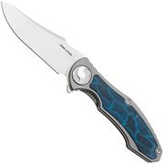 Real Steel Exorcist 942d CPM S35VN, Sandblasted Titanium, Blue Damascus G10 Inlays zakmes, Carson Huang design