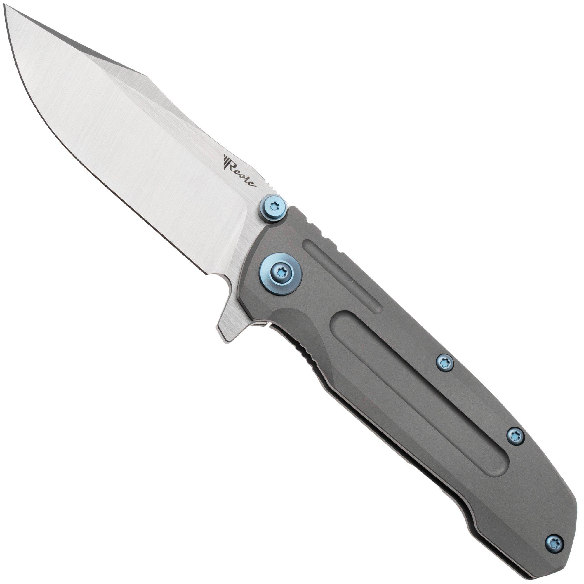 Reate District 9 V2, 9DV2-BE-SAT-TI-BLU, Satin 154CM, Bead Blasted Titanium, Blue Hardware pocket knife