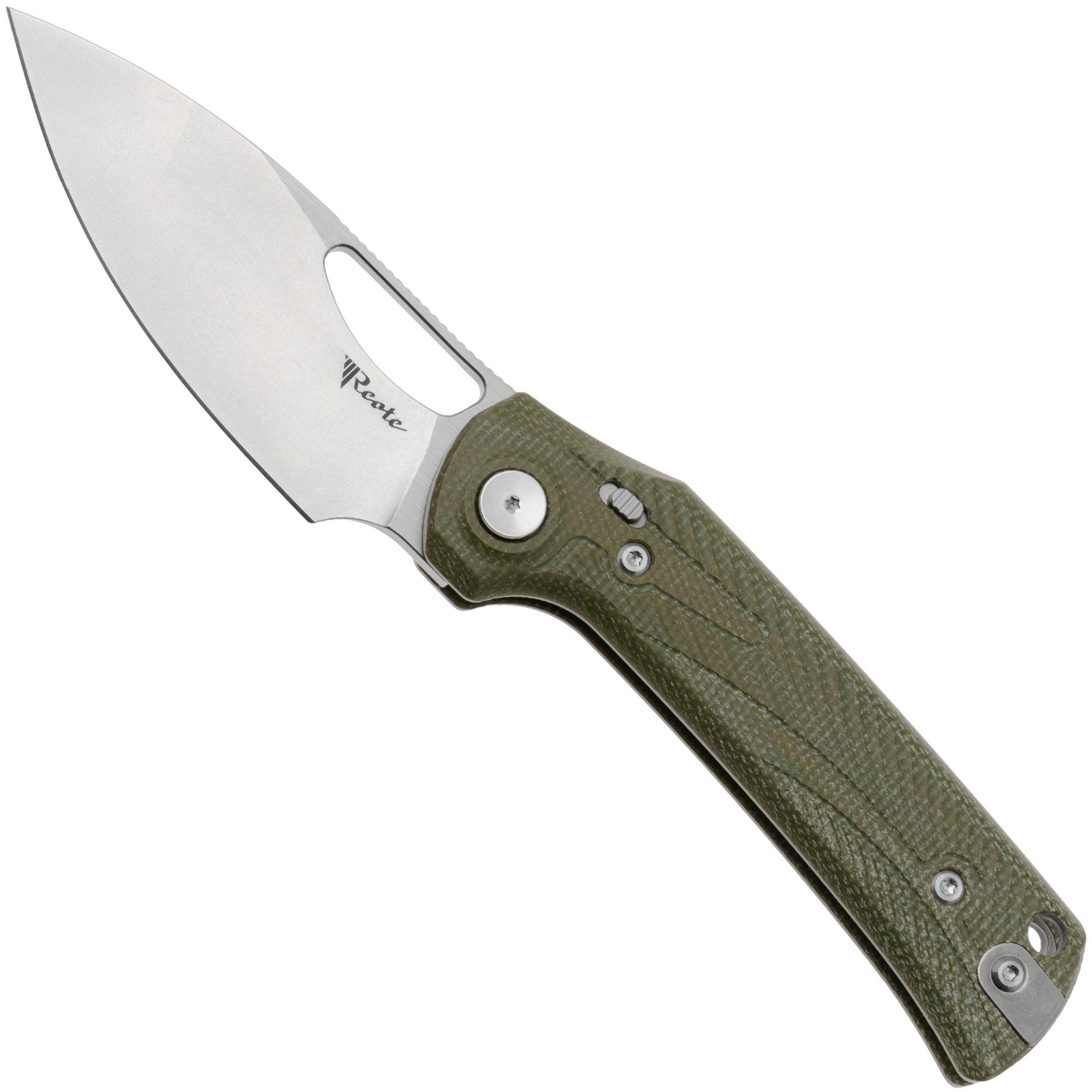 Reate PL-XE Stonewashed Nitro-V, Green Micarta, couteau de poche