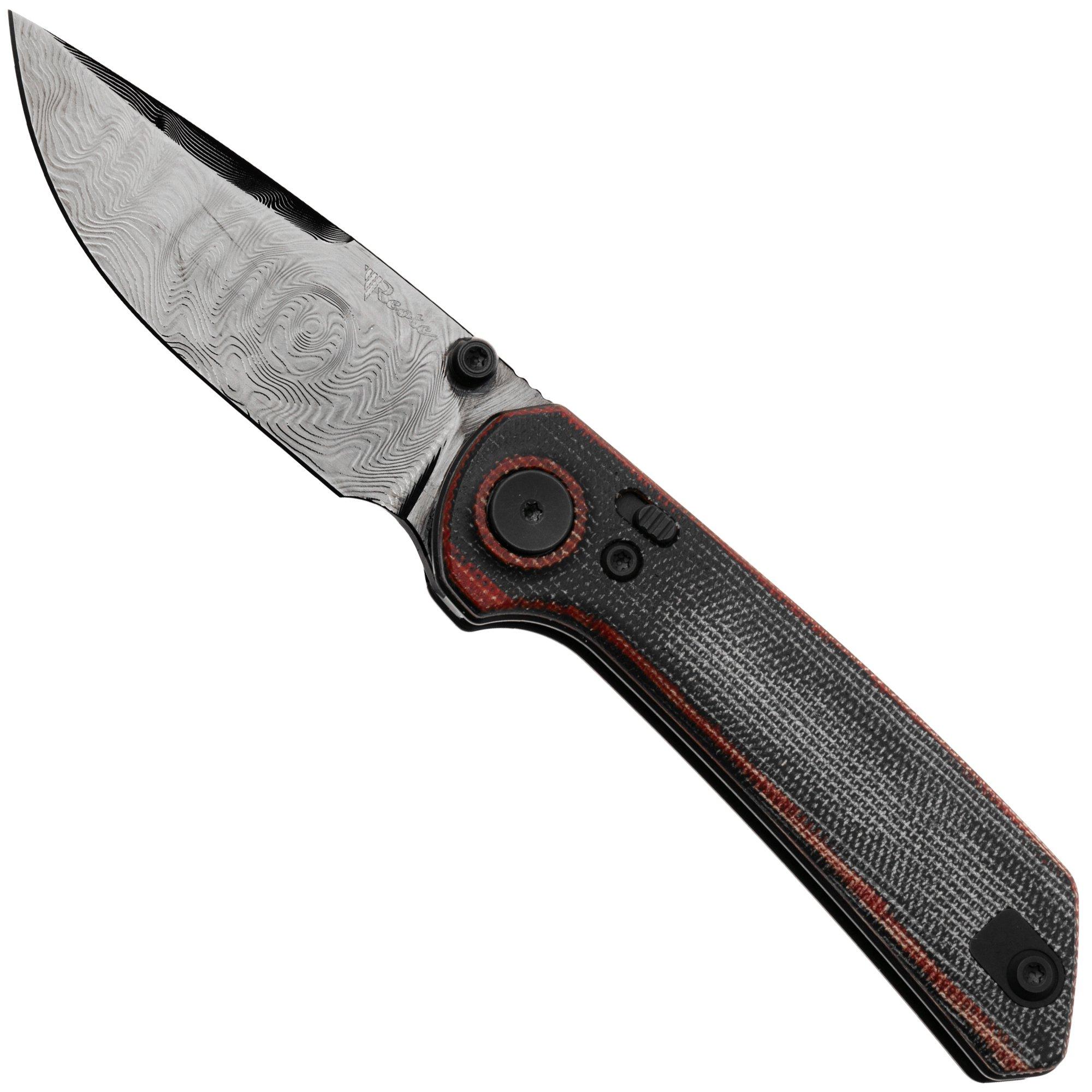 Reate PL-XT, DLC Damascus, Black/Red Micarta pocket knife, Alvin Lee design