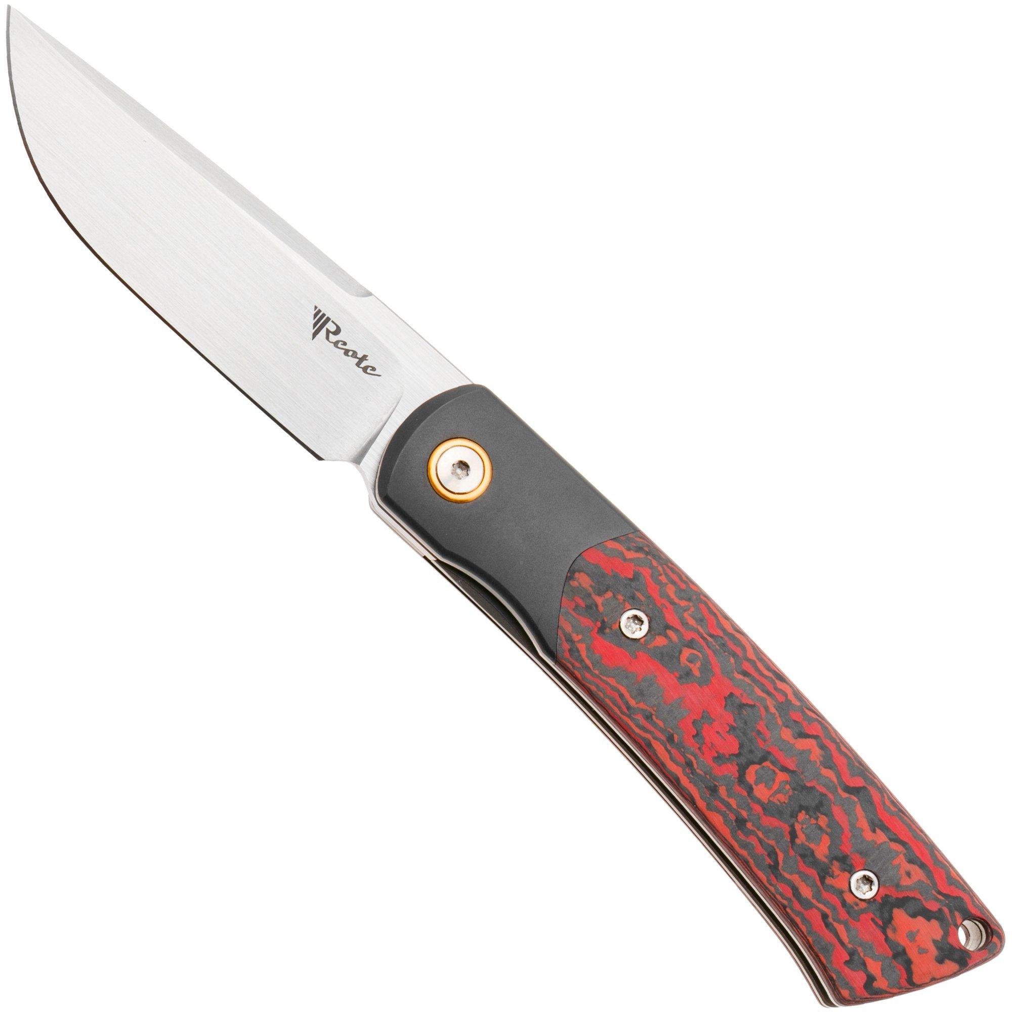 Reate Tribute Satin M390, Titanium FatCarbon Lava Flow, coltello da tasca, Jack Chen design