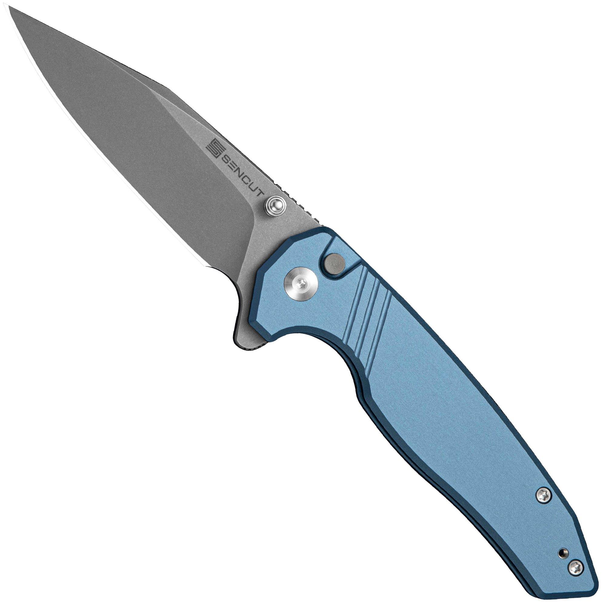 SENCUT Selkyris S25068-3, Gray Stonewashed D2, Blue Aluminum pocket knife