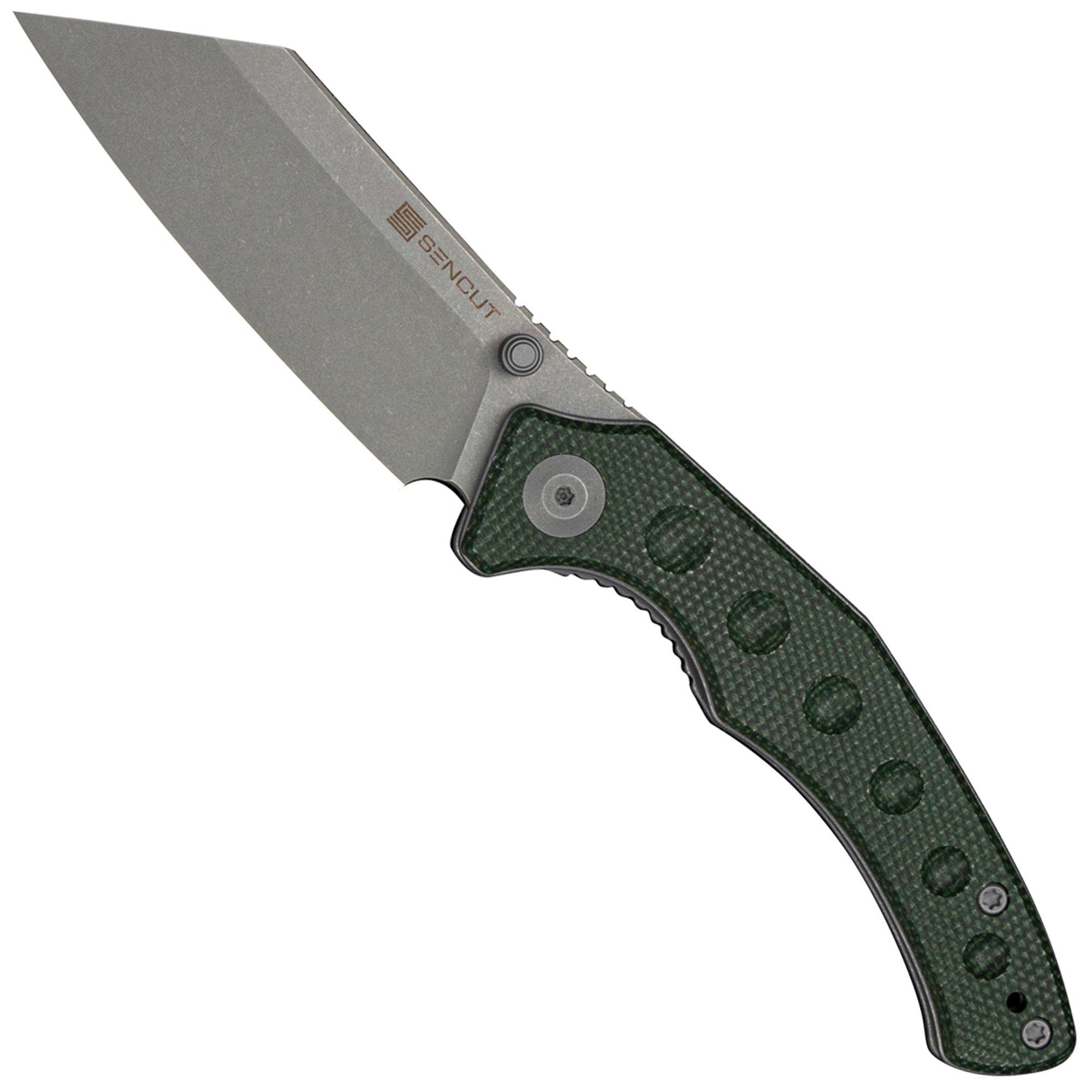 SENCUT Clout S26031-2, Grey Stonewashed D2, Green Canvas Micarta zakmes