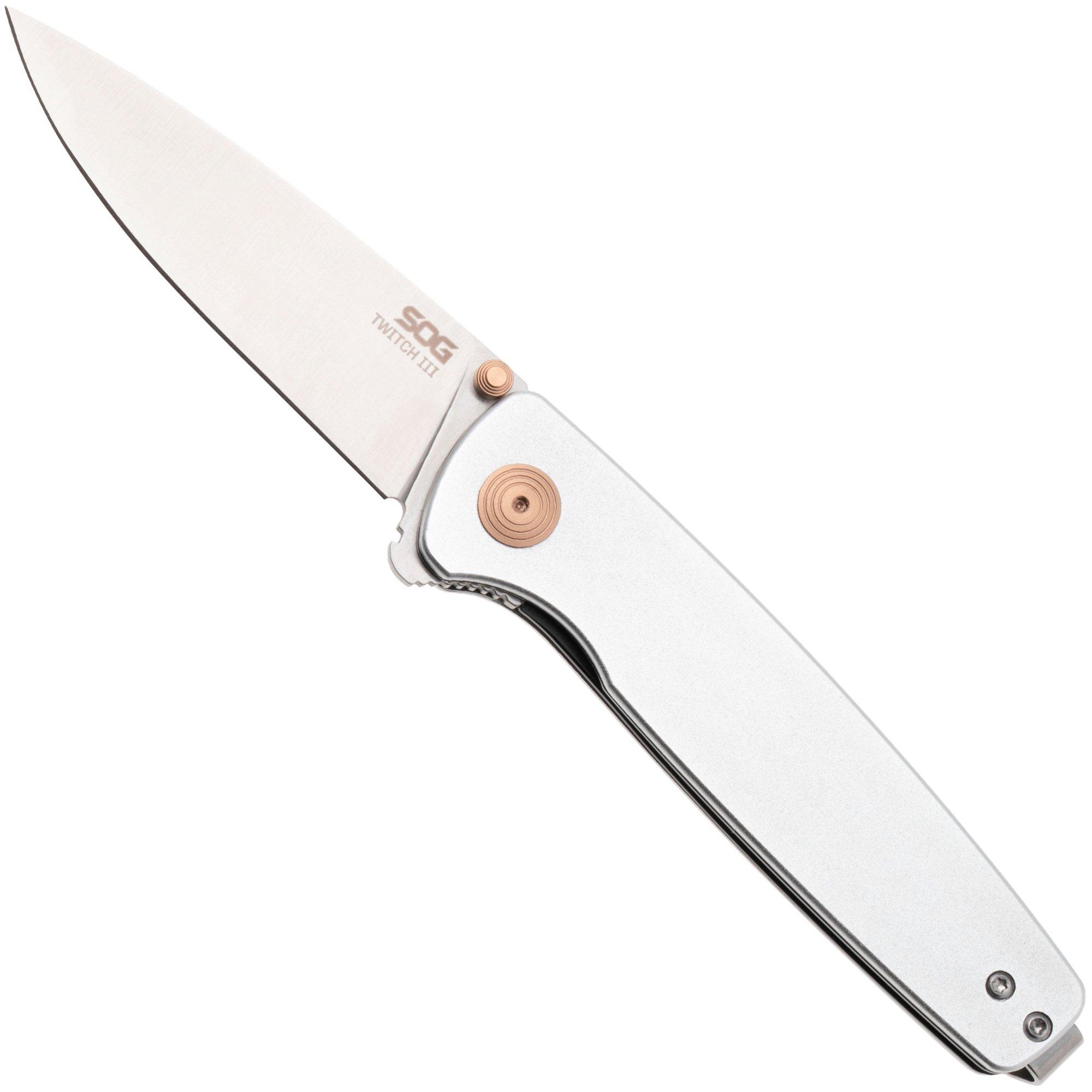 Nóż składany SOG Twitch III 11-15-02-43, Satin 154CM, Grey Aluminum, Rose Gold Hardware