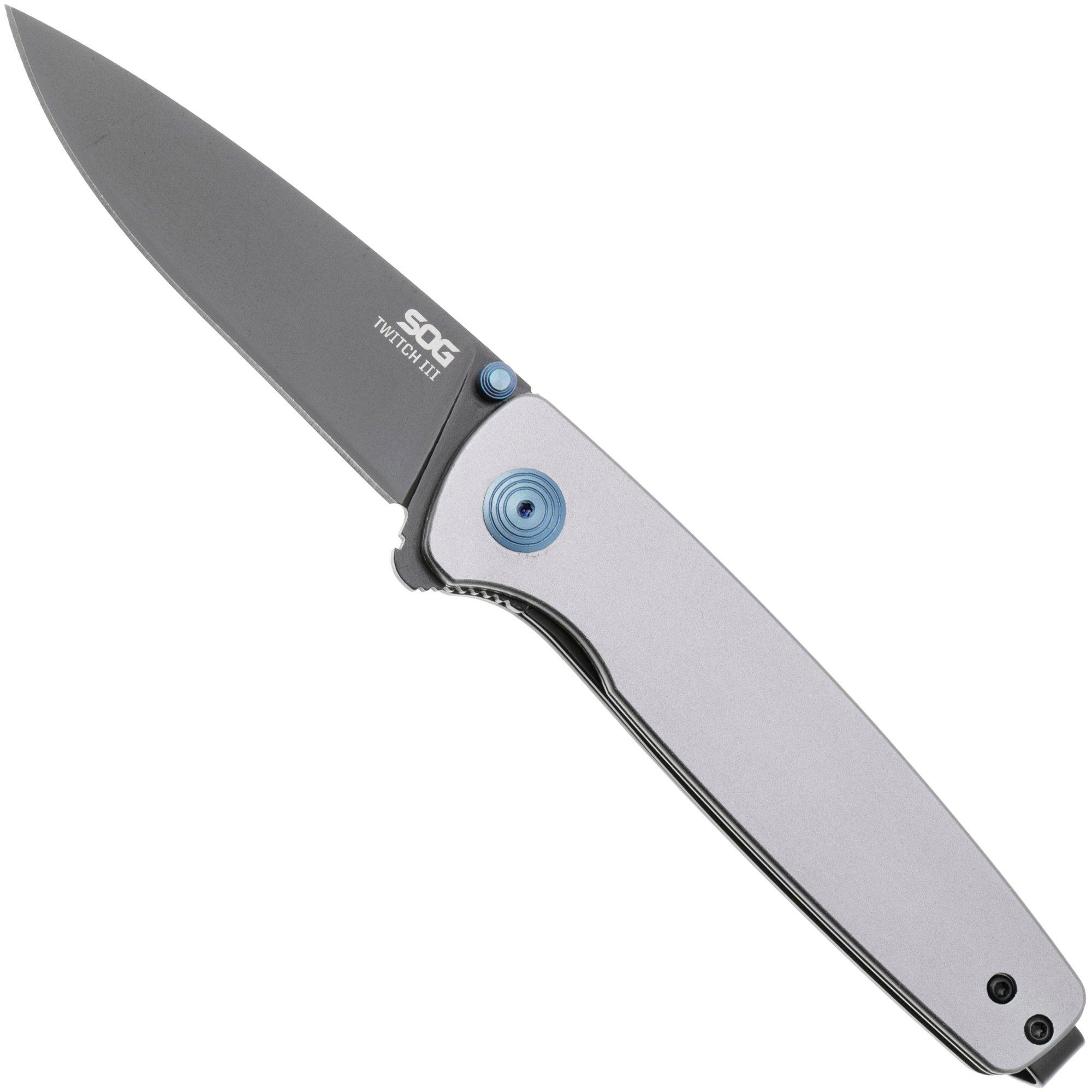 SOG Twitch III 11-15-03-43, Black 154CM, Gunmetal Gray Aluminum, Blue Hardware zakmes