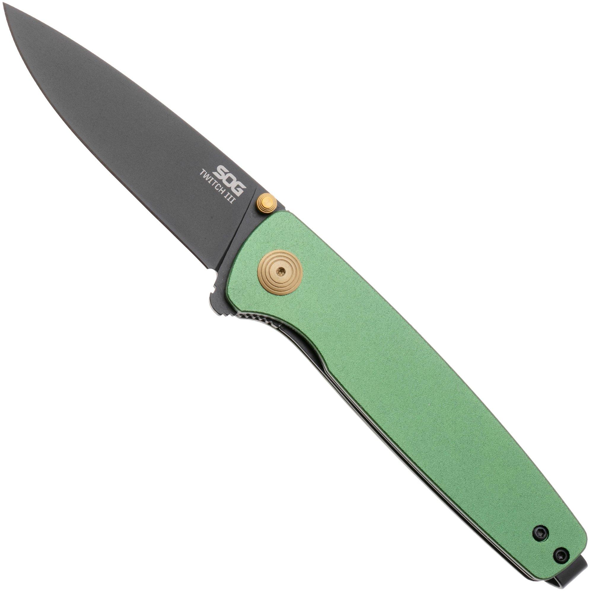 SOG Twitch III 11-15-04-43, Black 154CM, Forest Green Aluminum, Gold Hardware zakmes