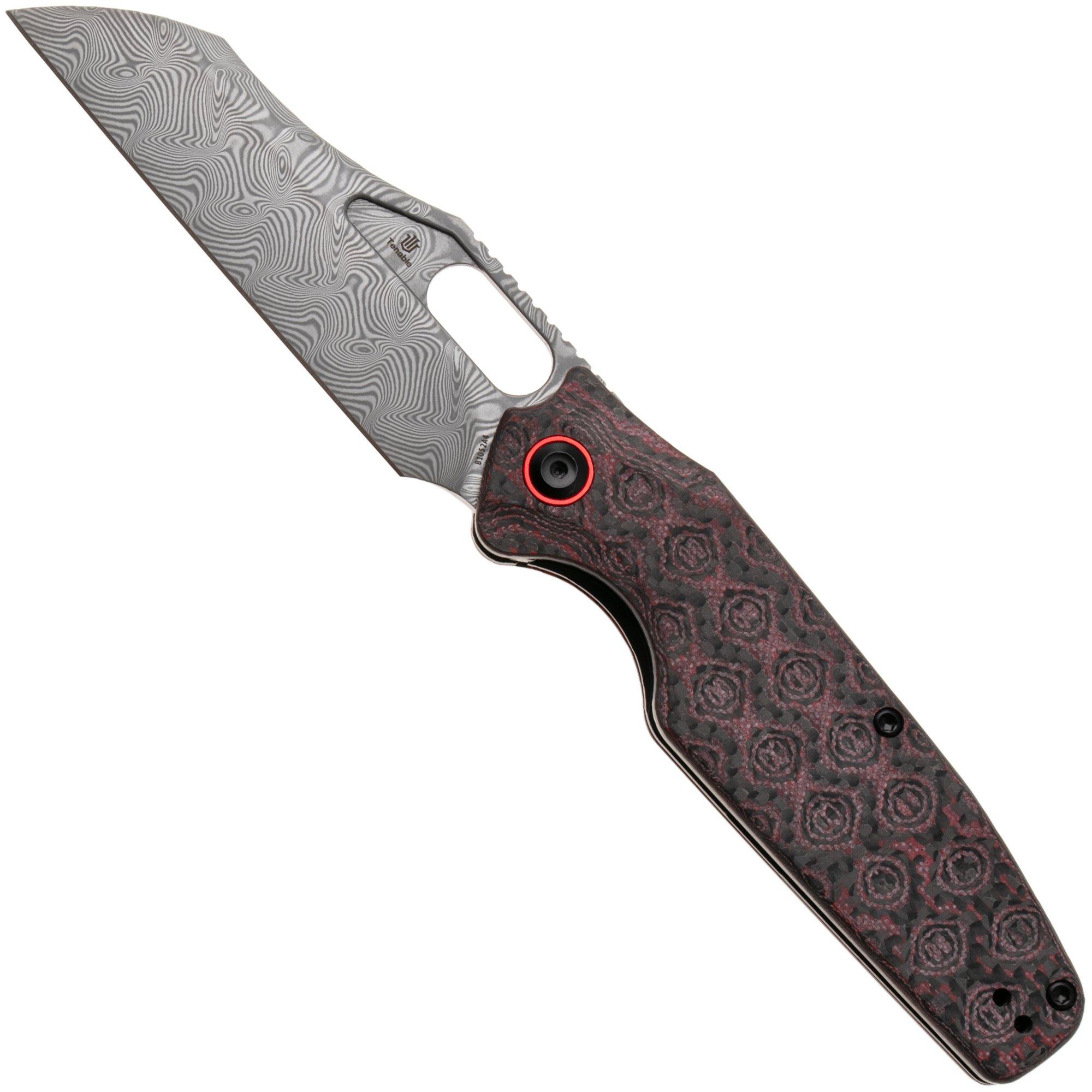 Tenable Knives Tuckamore B1052A4 Water Ripple Damascus, Red Black Rose Pattern Carbon Fiber, zakmes, Jonathan Styles design