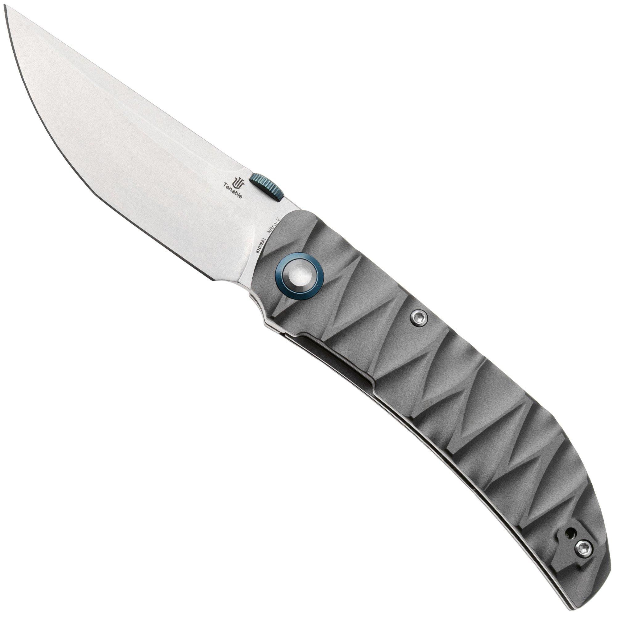 Tenable Knives Tarkin B1078A1 Stonewashed Nitro-V, Gray Aluminum, Faceted Wave Texture, zakmes, Matthew Christensen design