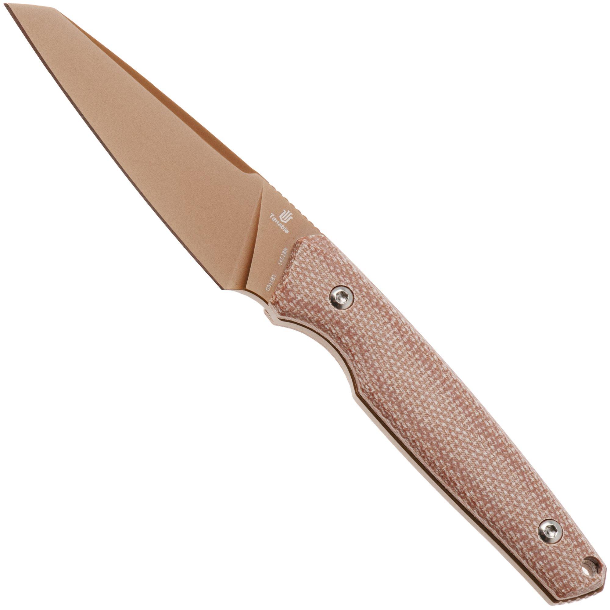Tenable Knives Parr G011B7 Rose Gold PVD 14C28N, Brown Micarta, fixed knife, Jonathan Styles design
