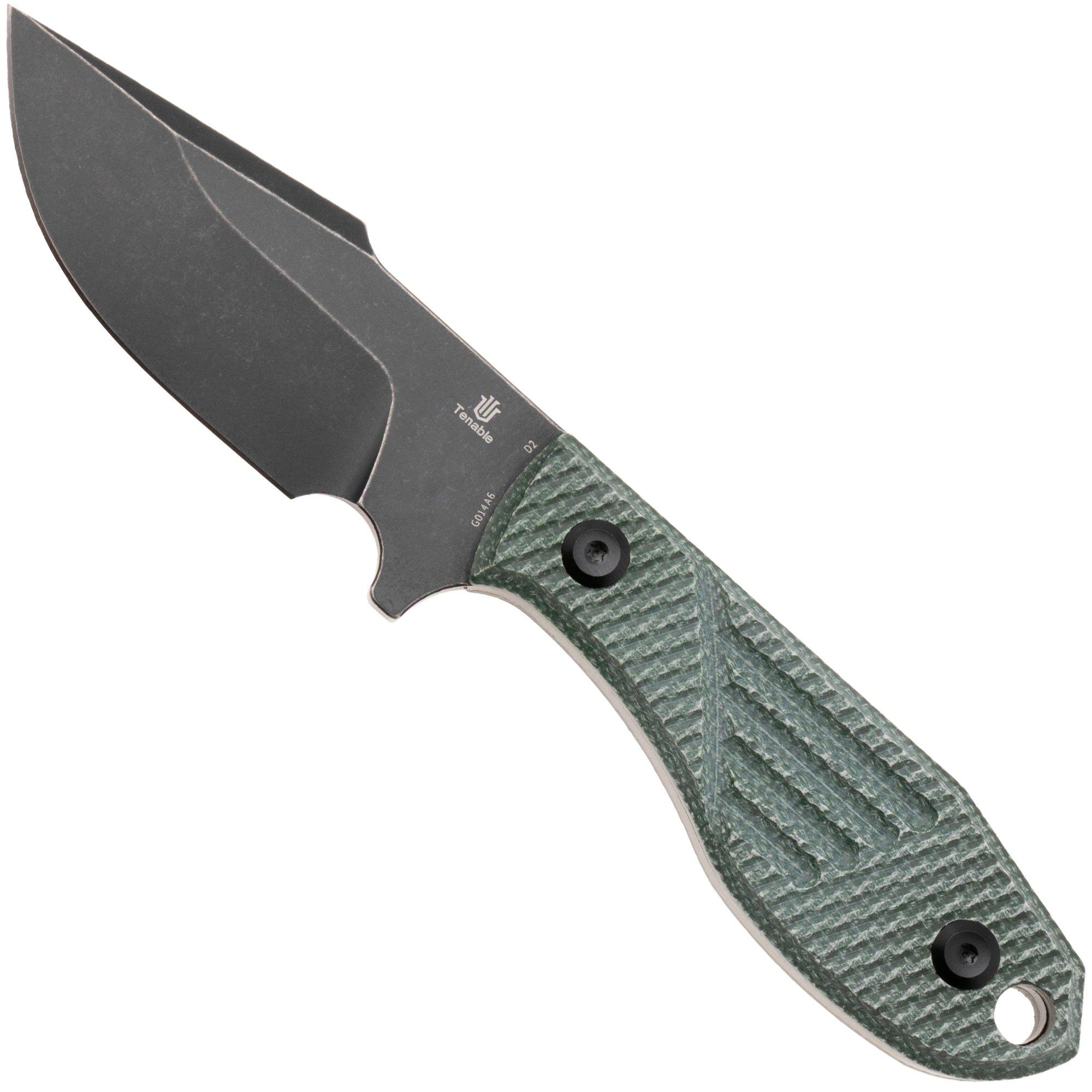 Tenable Knives Tiny Dancer G014A6 Blackwashed D2, Green Micarta, fixed knife, Jonathan Styles design