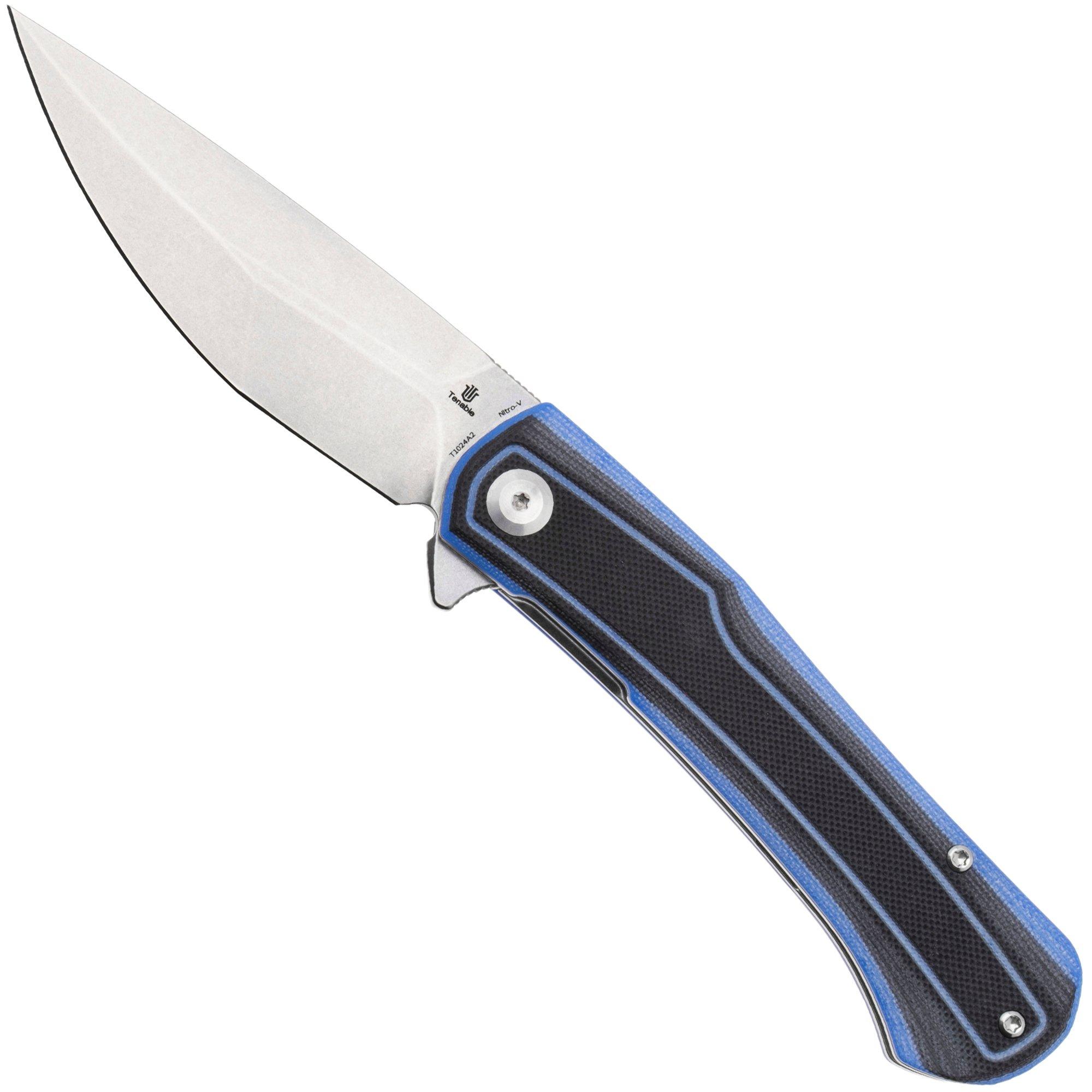 Tenable Knives Kratos T1024A2 Stonewashed Nitro-V, Black Blue G10, pocket knife, Ostap Hel design