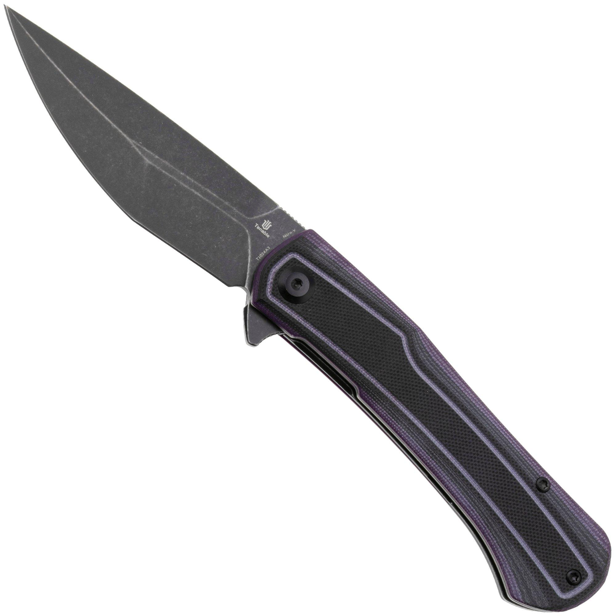 Tenable Knives Kratos T1024A3 Blackwashed Nitro-V, Black Purple G10, pocket knife, Ostap Hel design
