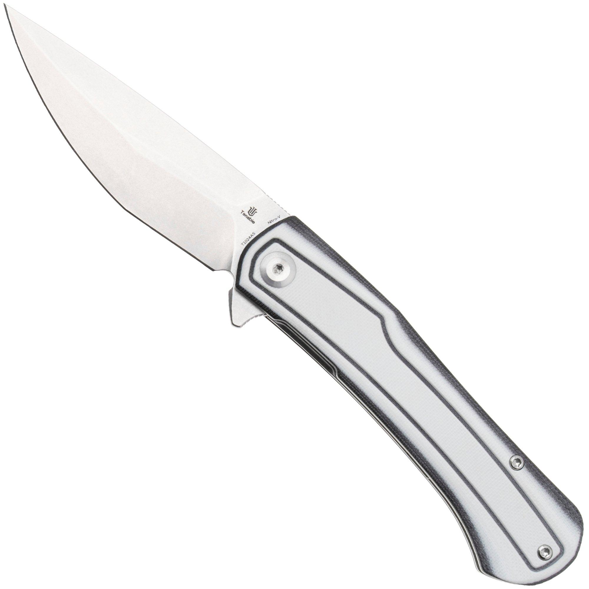 Tenable Knives Kratos T1024A5 Stonewashed Nitro-V, White Black G10, pocket knife, Ostap Hel design