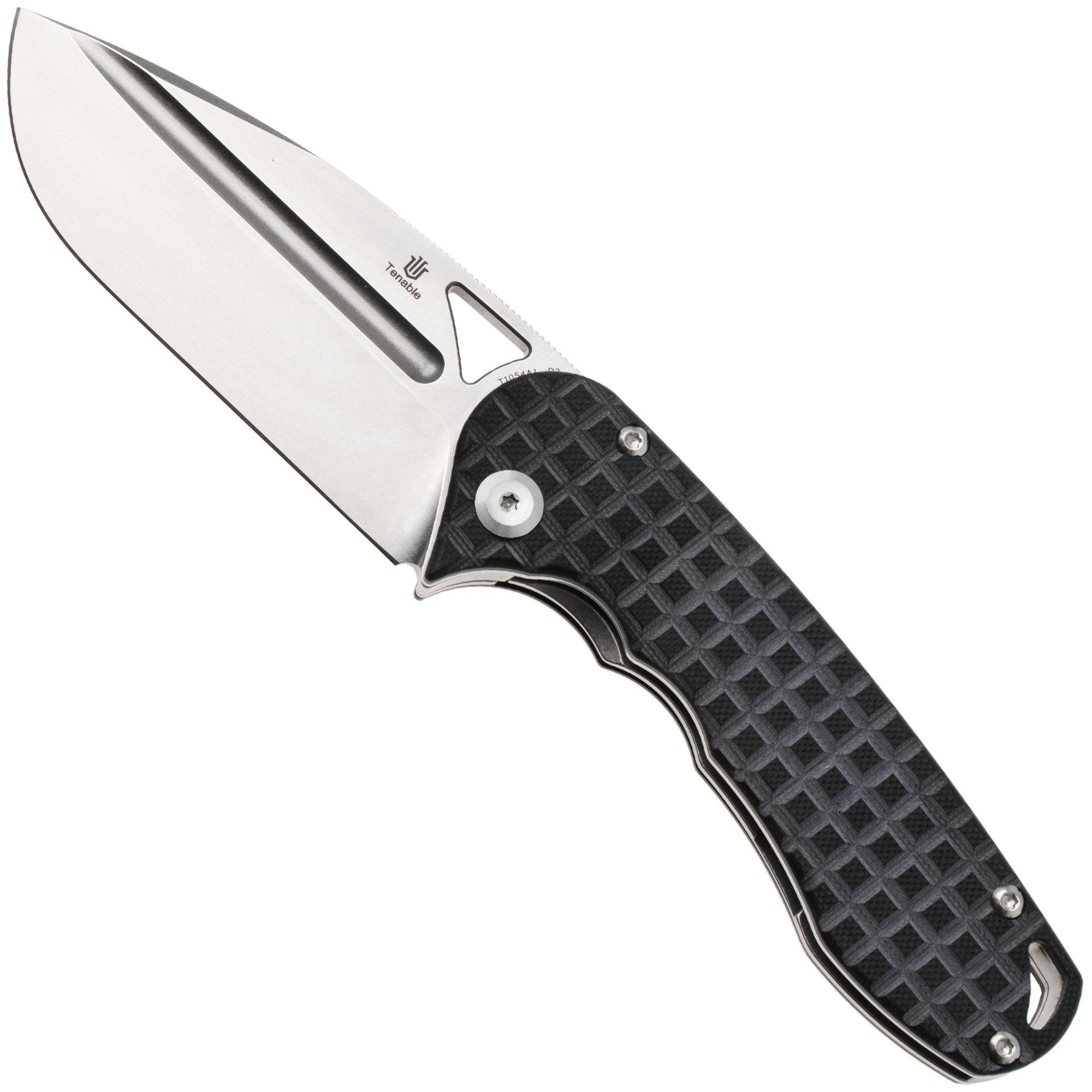 Tenable Knives Bömbur T1054A1 Stonewashed D2, Frag Pattern Black G10, zakmes, Midgards Messer design