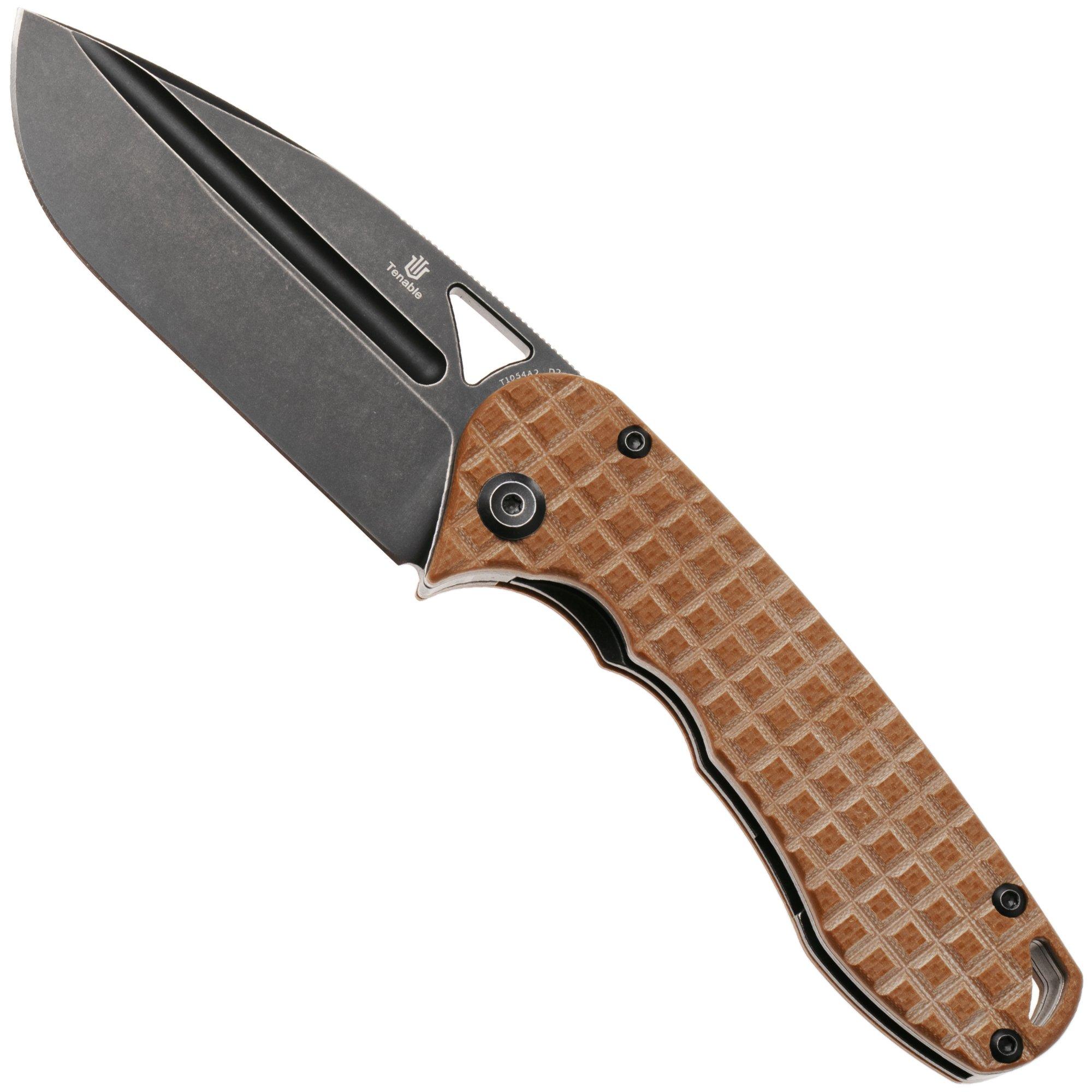Tenable Knives Bömbur T1054A2 Blackwashed D2, Frag Pattern Brown G10, pocket knife, Midgards Messer design
