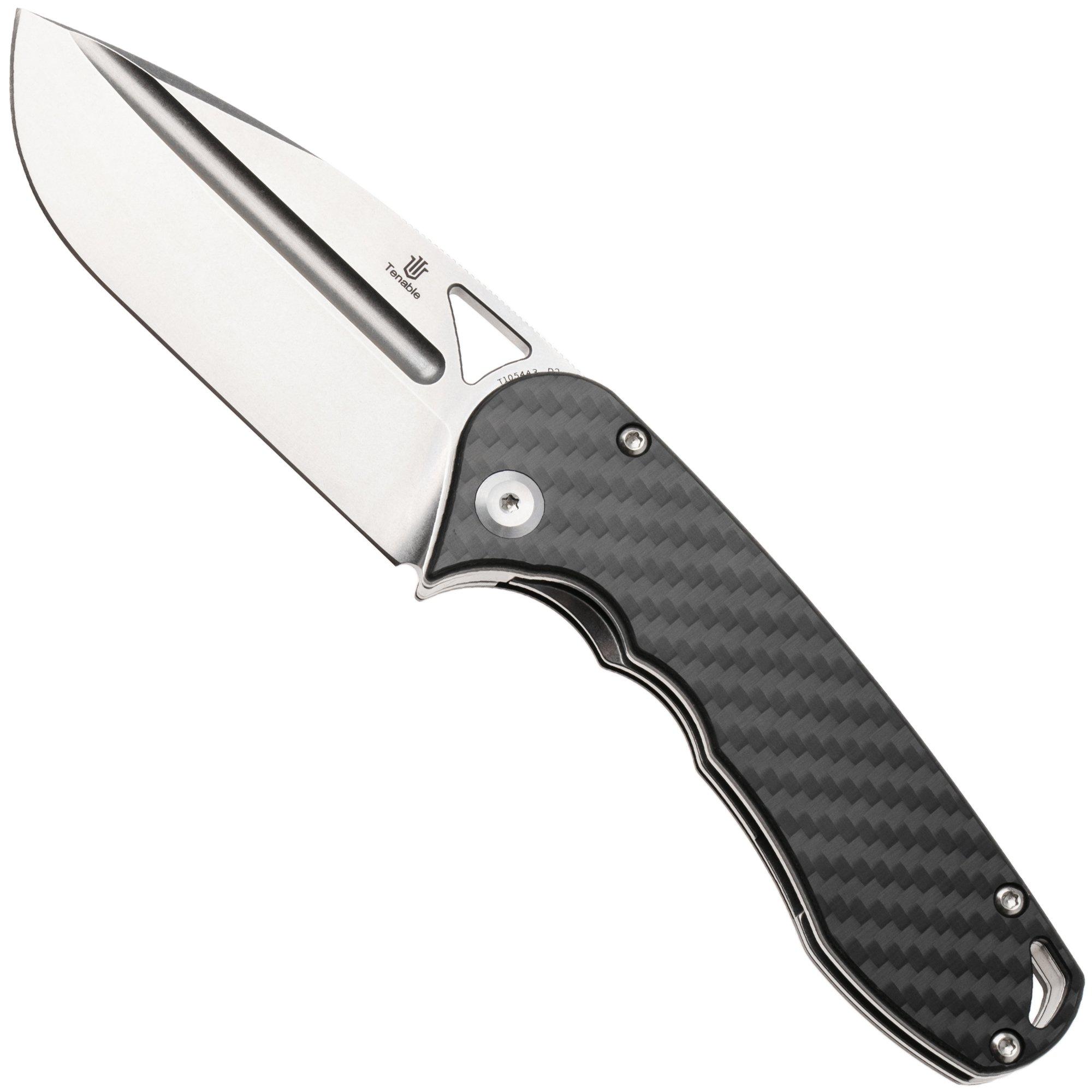 Tenable Knives Bömbur T1054A3 Stonewashed D2, Twirl Carbonfiber, zakmes, Midgards Messer design