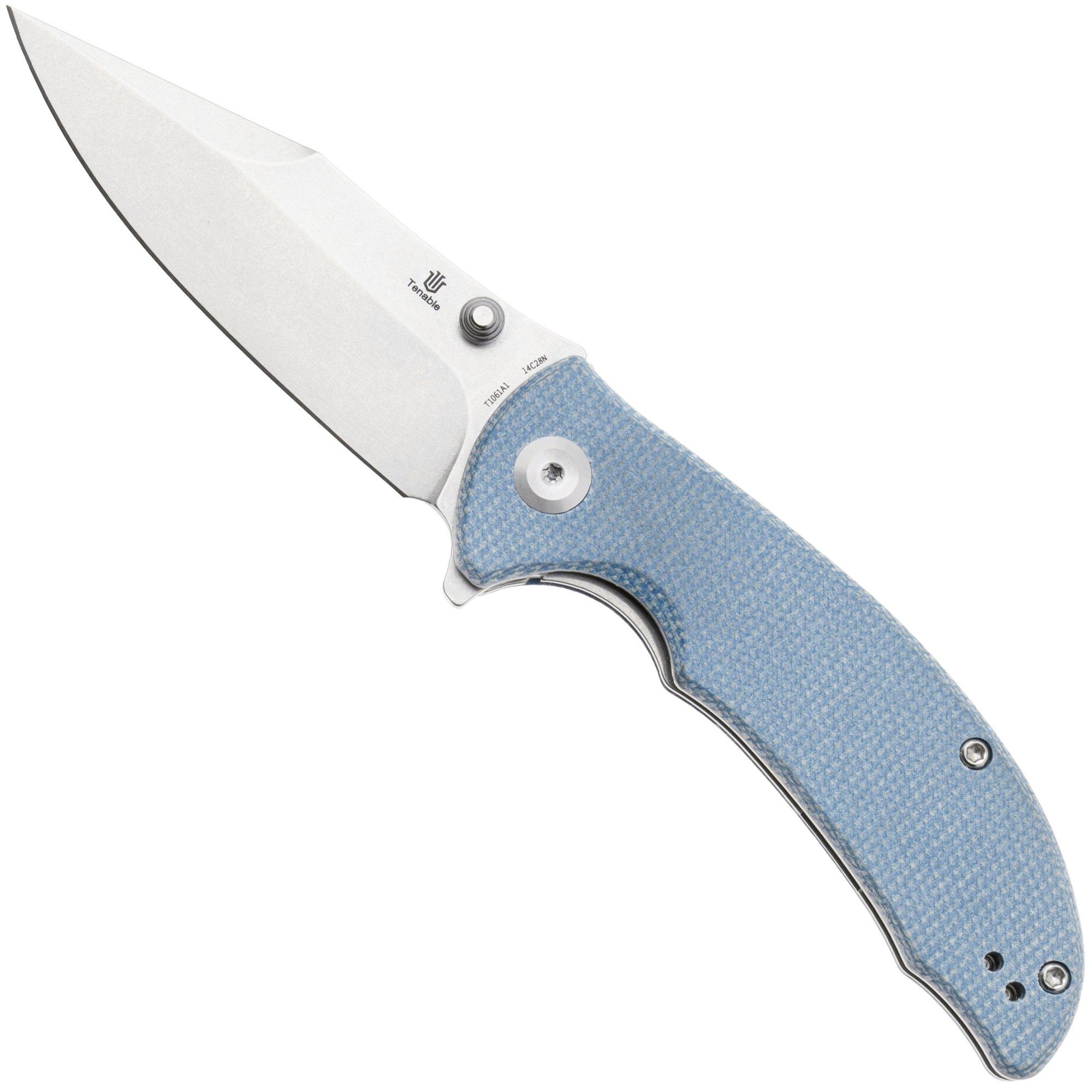 Tenable Knives Rei T1061A1 Stonewashed 14C28N, Blue Micarta, pocket knife, Karambit Maker design