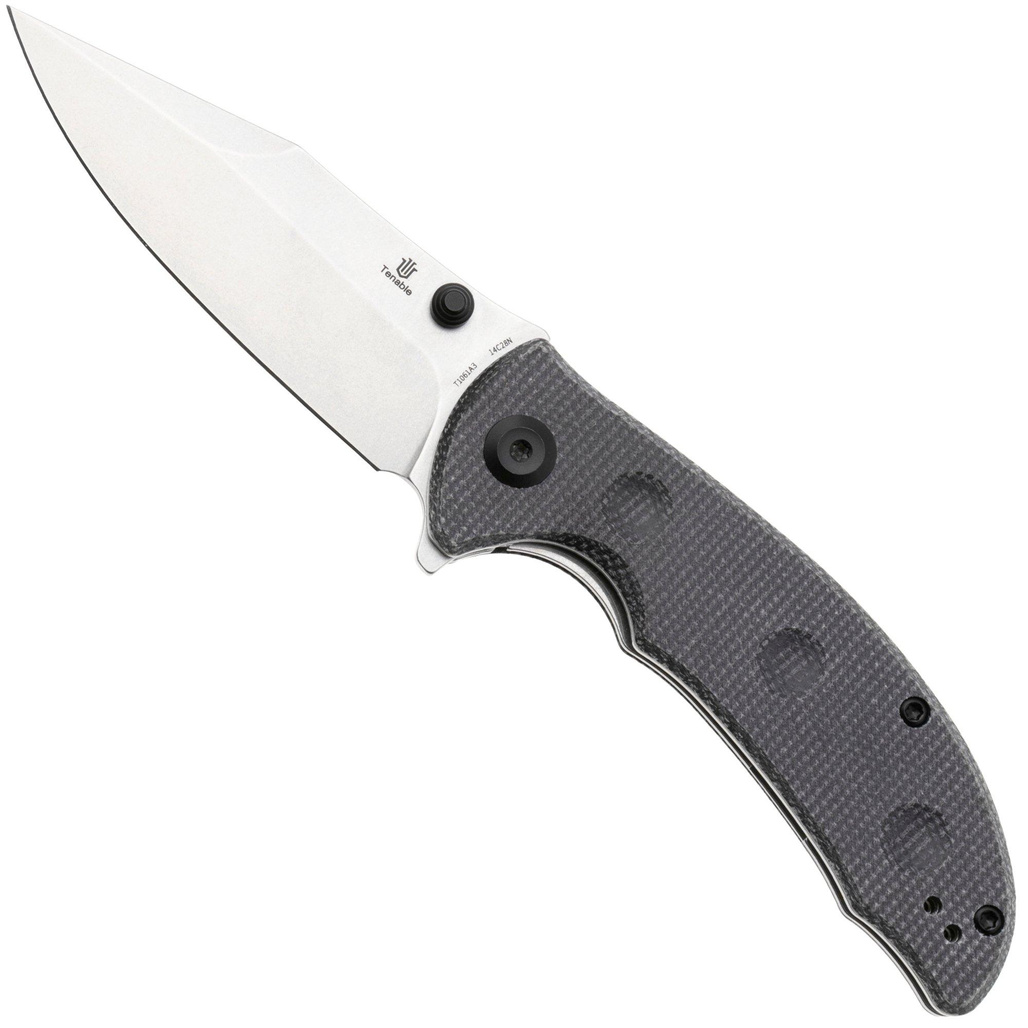 Tenable Knives Rei T1061A3 Stonewashed 14C28N, Black Micarta, pocket knife, Karambit Maker design