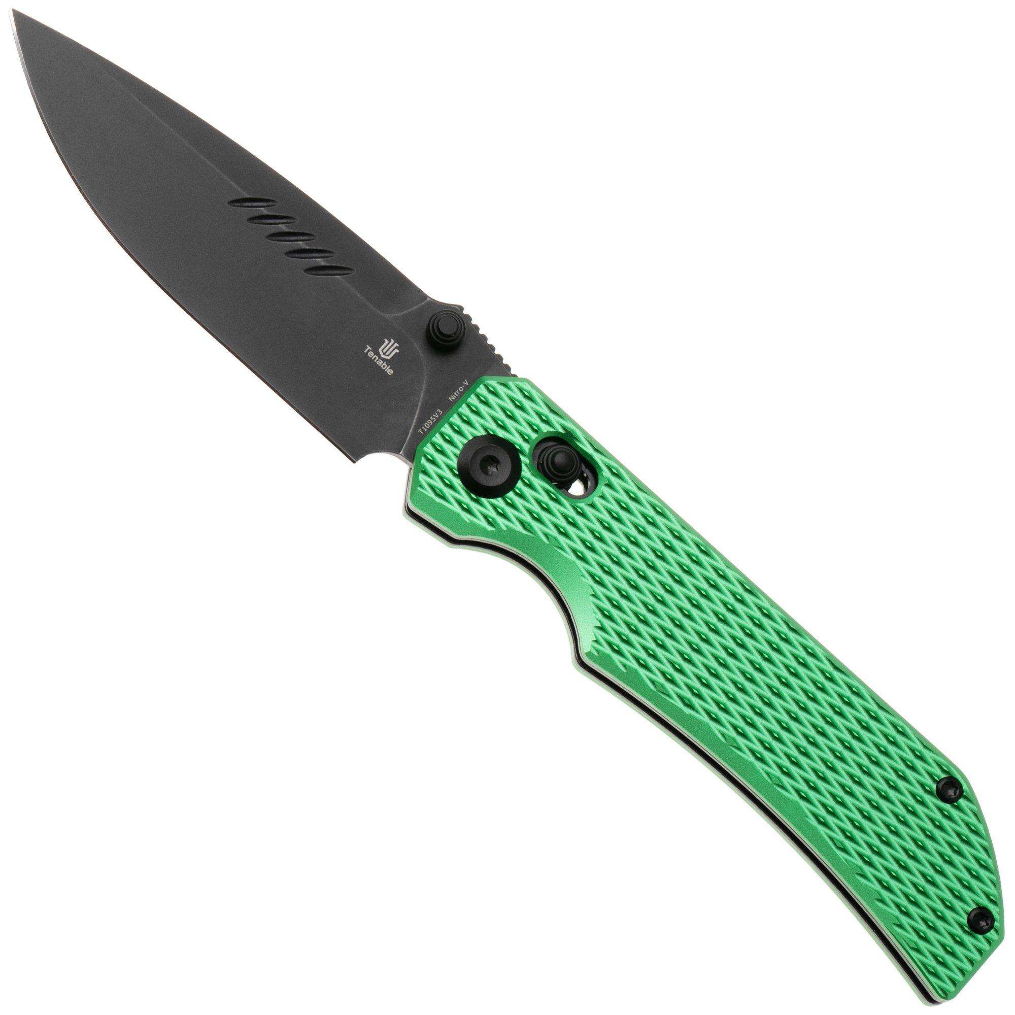 Tenable Knives Eaglestrike T1095V3 Blackwashed Nitro-V, Green Anodized Aluminum, zakmes, James Lowe design