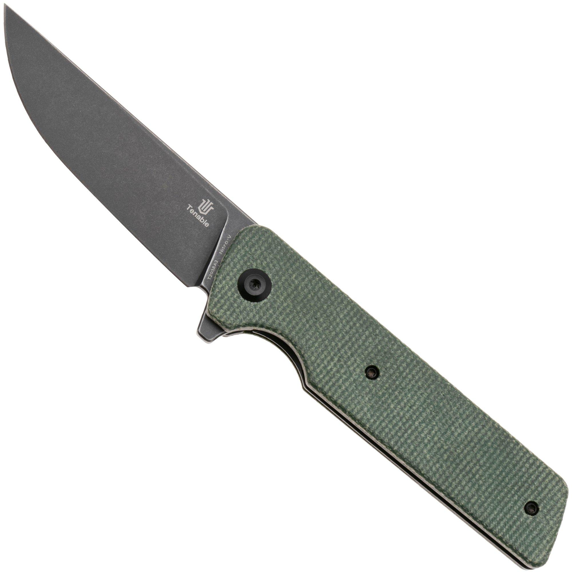 Tenable Knives Anomaly T2038A2 Blackwashed NItro-V, Green Micarta, pocket knife, Pinkerton Knives design