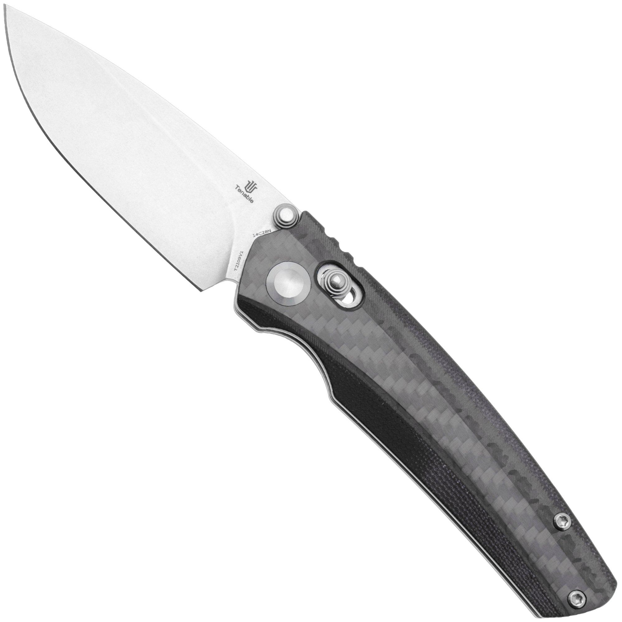 Tenable Knives Raven T2109V1 Stonewashed 14C28N, Twill Carbon Fiber, couteau de poche, Black Bird Blades design
