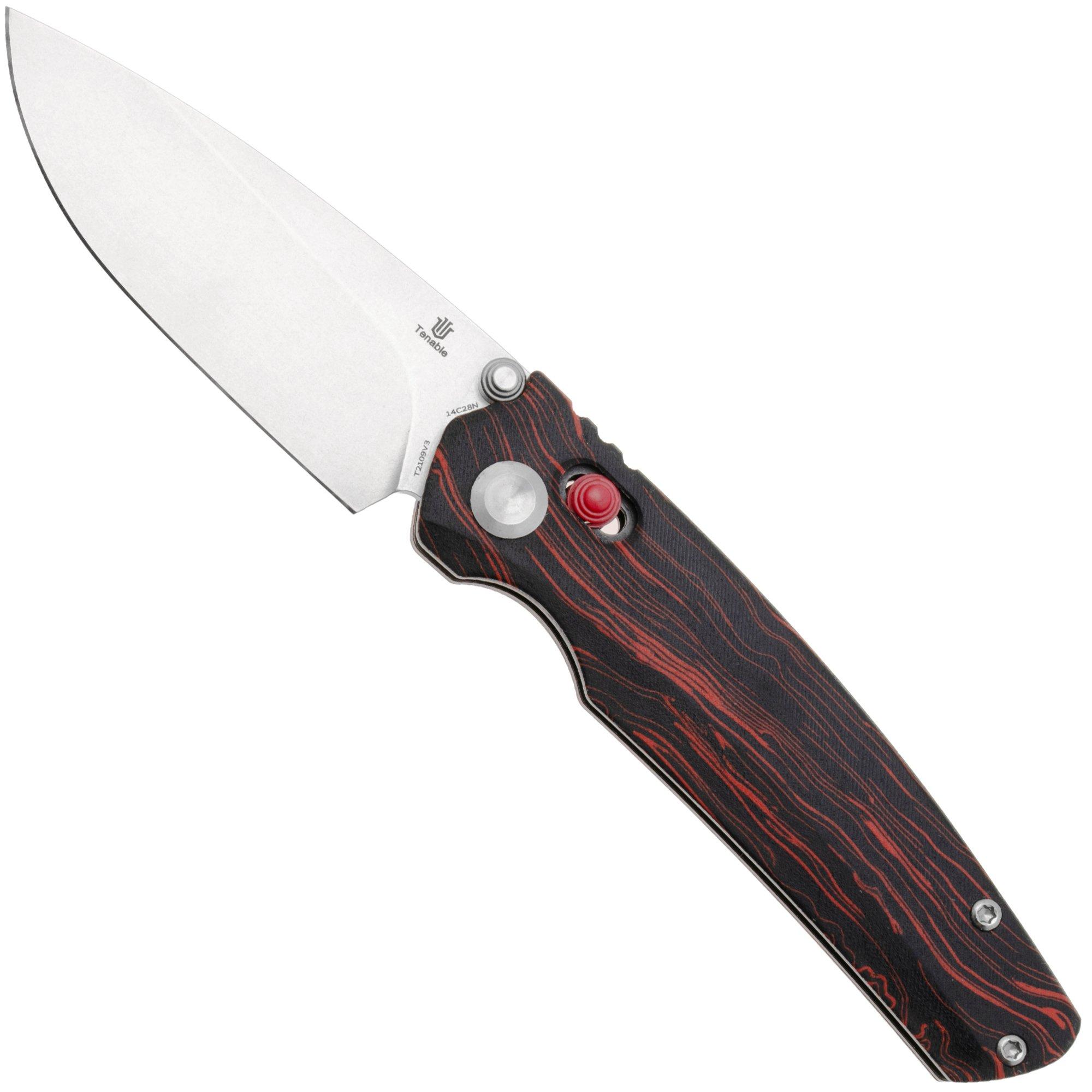 Tenable Knives Raven T2109V3 Stonewashed 14C28N, Red Black G-Mascus, pocket knife, Black Bird Blades design