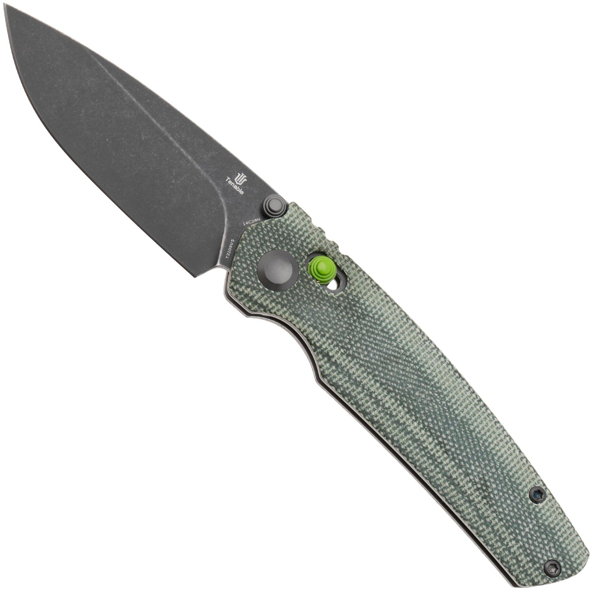 Tenable Knives Raven T2109V5 Blackwashed 14C28N, Green Micarta, pocket knife, Black Bird Blades design