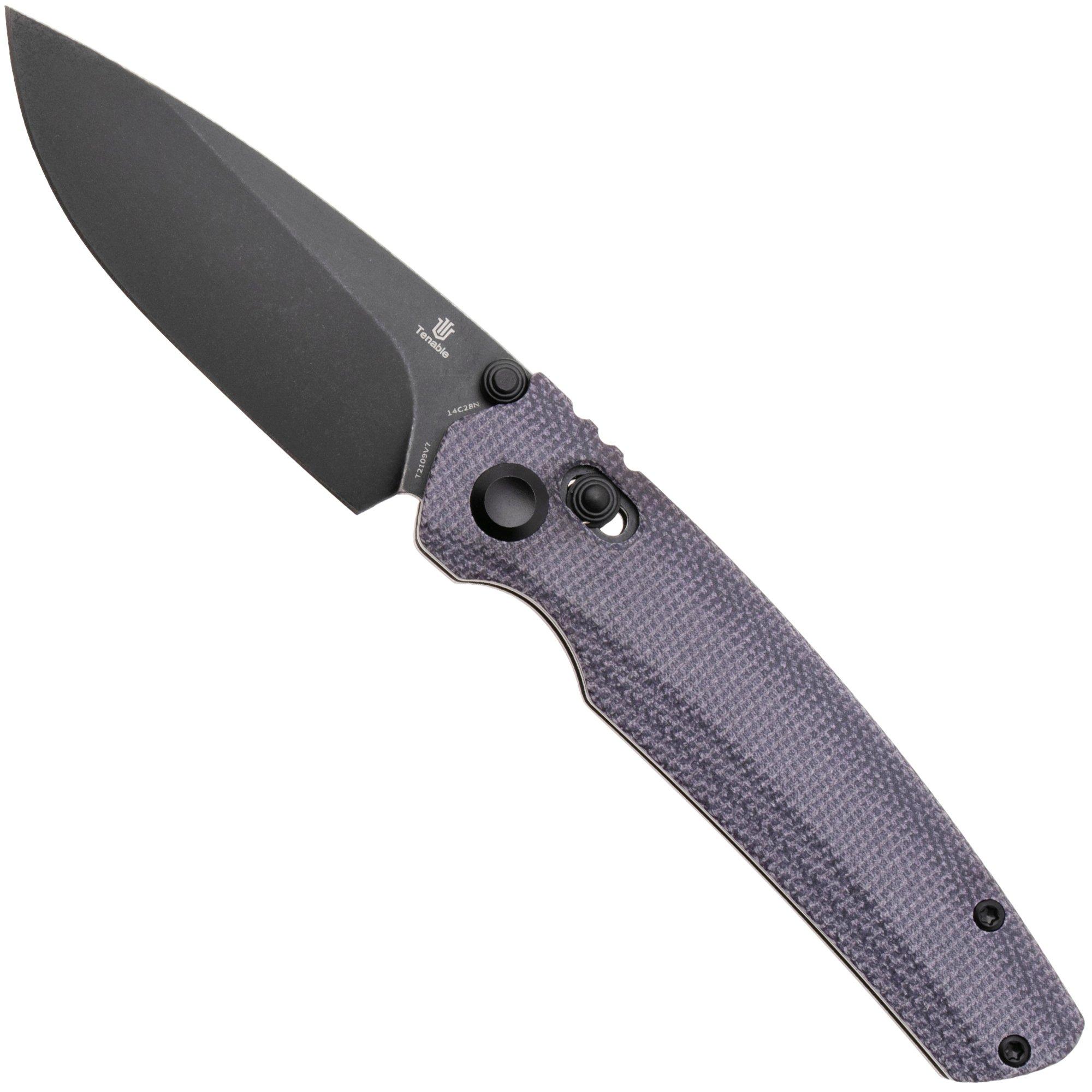 Tenable Knives Raven T2109V7 Blackwashed 14C28N, Purple Micarta, pocket knife, Black Bird Blades design