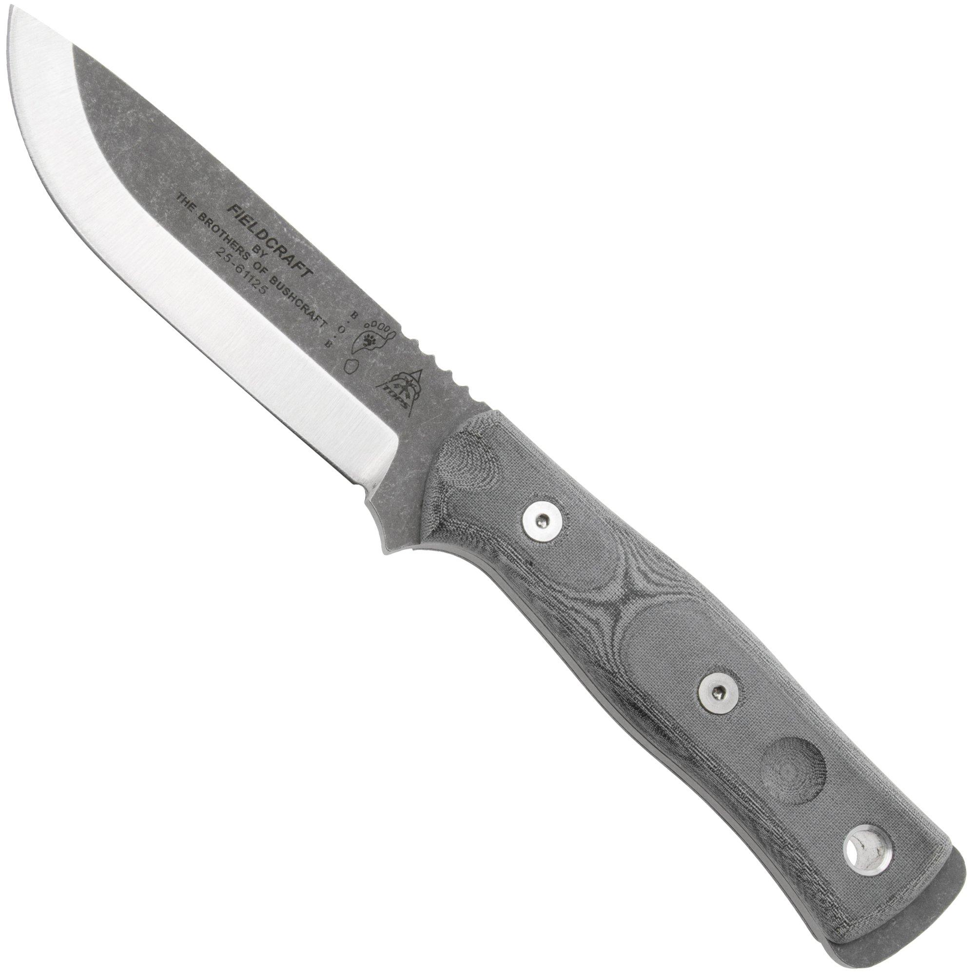 TOPS Knives Fieldcraft B.O.B. BROS-TBF BLM, 1095 Tumbled Finish, Black Linen Micarta, bushcraft knife, Brothers Of Bushcraft design