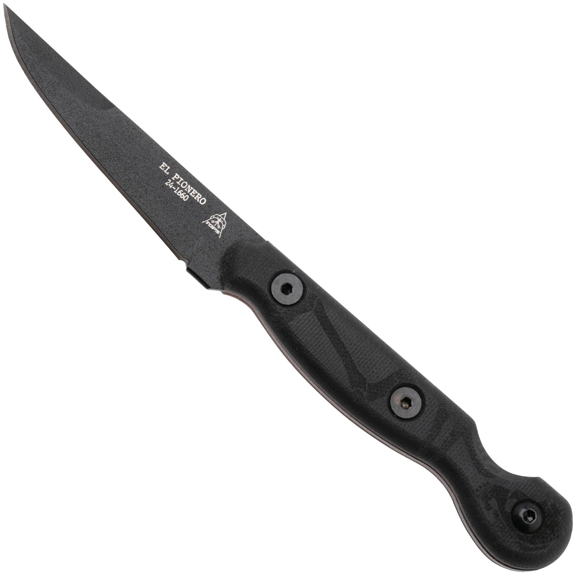 Nóż z głownią stałą TOPS Knives El Pionero ELPO-02, 1095 Black Traction, Black Linen Micarta, Blackout Edition, projekt Ed Calderon