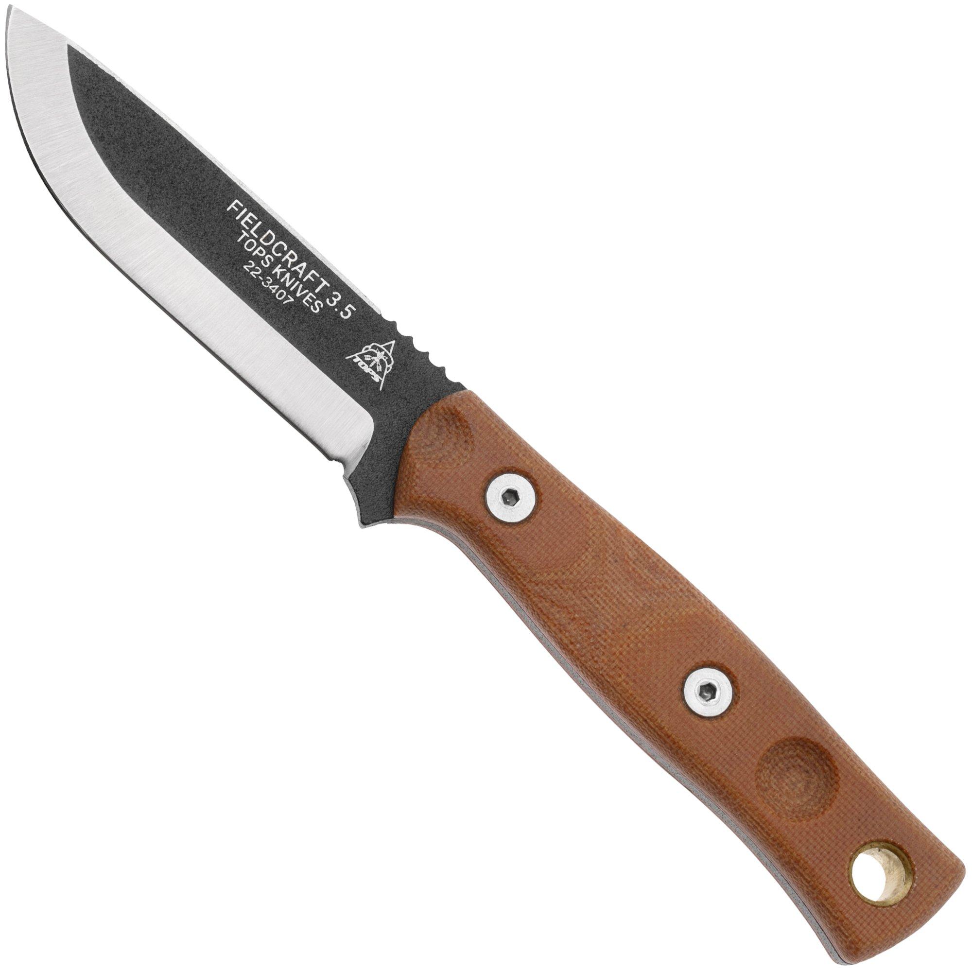 TOPS Fieldcraft 3.5 Mini BROS 90 Degree Spine, Firesteel, Brown Micarta MBROS-01-SF bushcraft knife