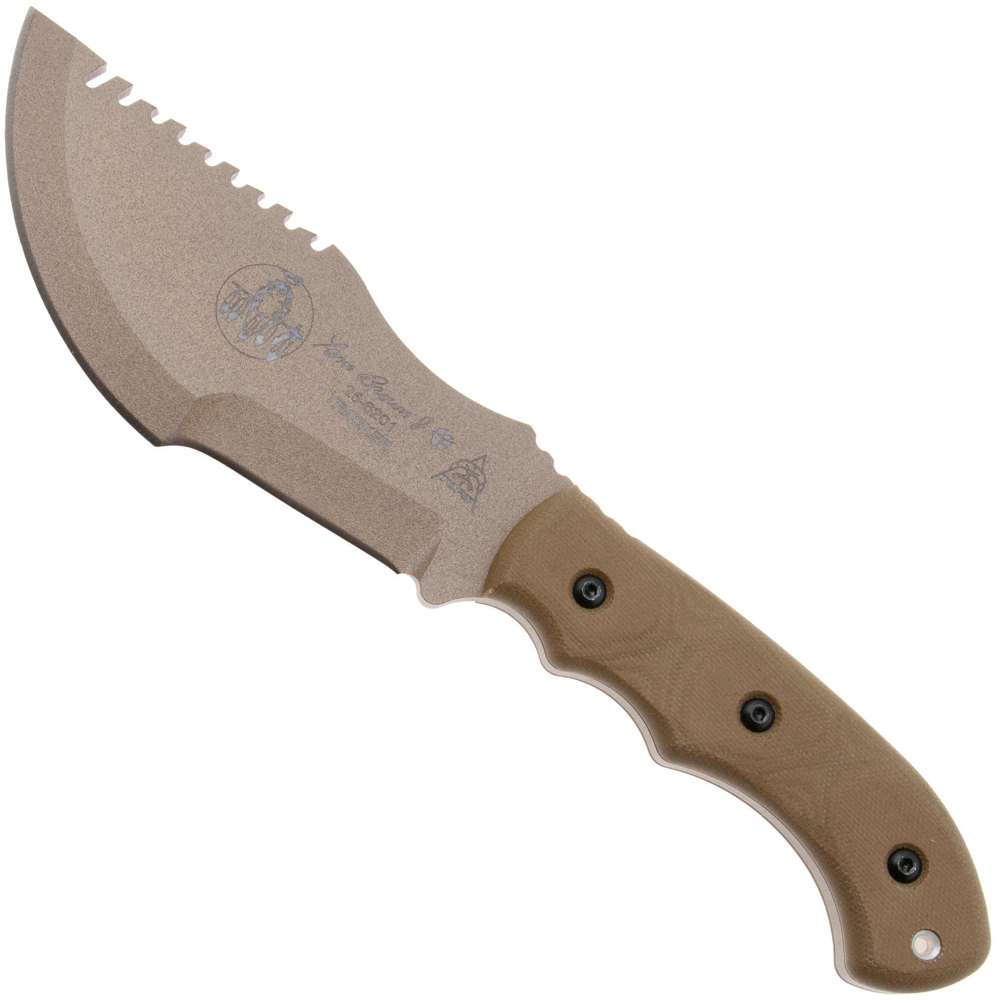 TOPS Knives TBT01-TAN Tom Brown Tracker #1 Large TBT01-TAN Coyote Tan 1095, Green Canvas Micarta, survivalmes, Tom Brown design