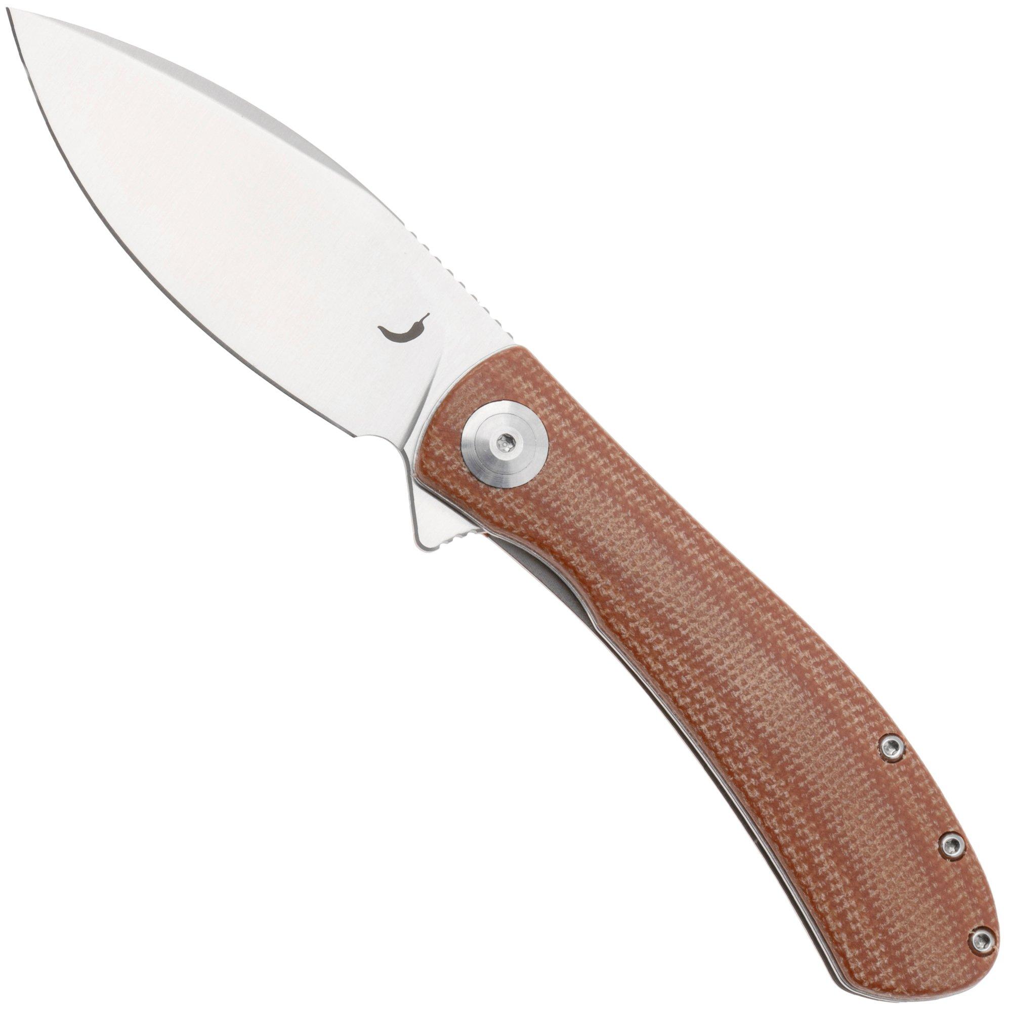 Trollsky Knives Mandu Evo MTE007 Satin 14C28N, Brown Micarta, pocket knife, Michael Trollsky design