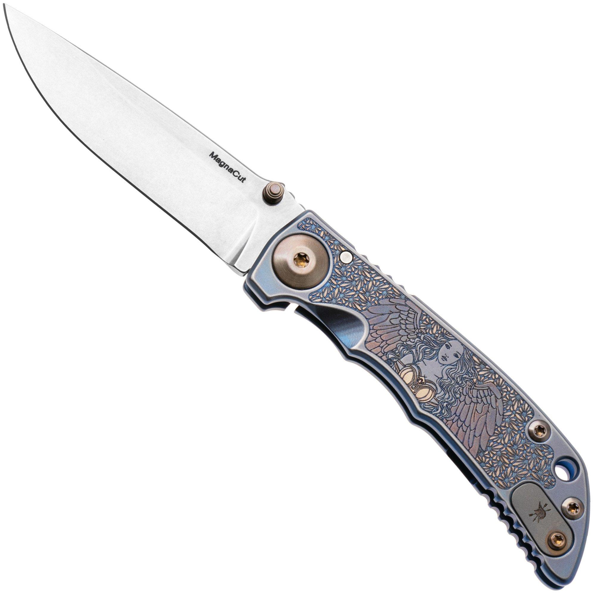 Nóż składany Spartan Blades Harsey Folder 3.25 Angel SF10ANGLSW Stonewashed CPM MagnaCut, Blue Titanium, projekt Bill Harsey