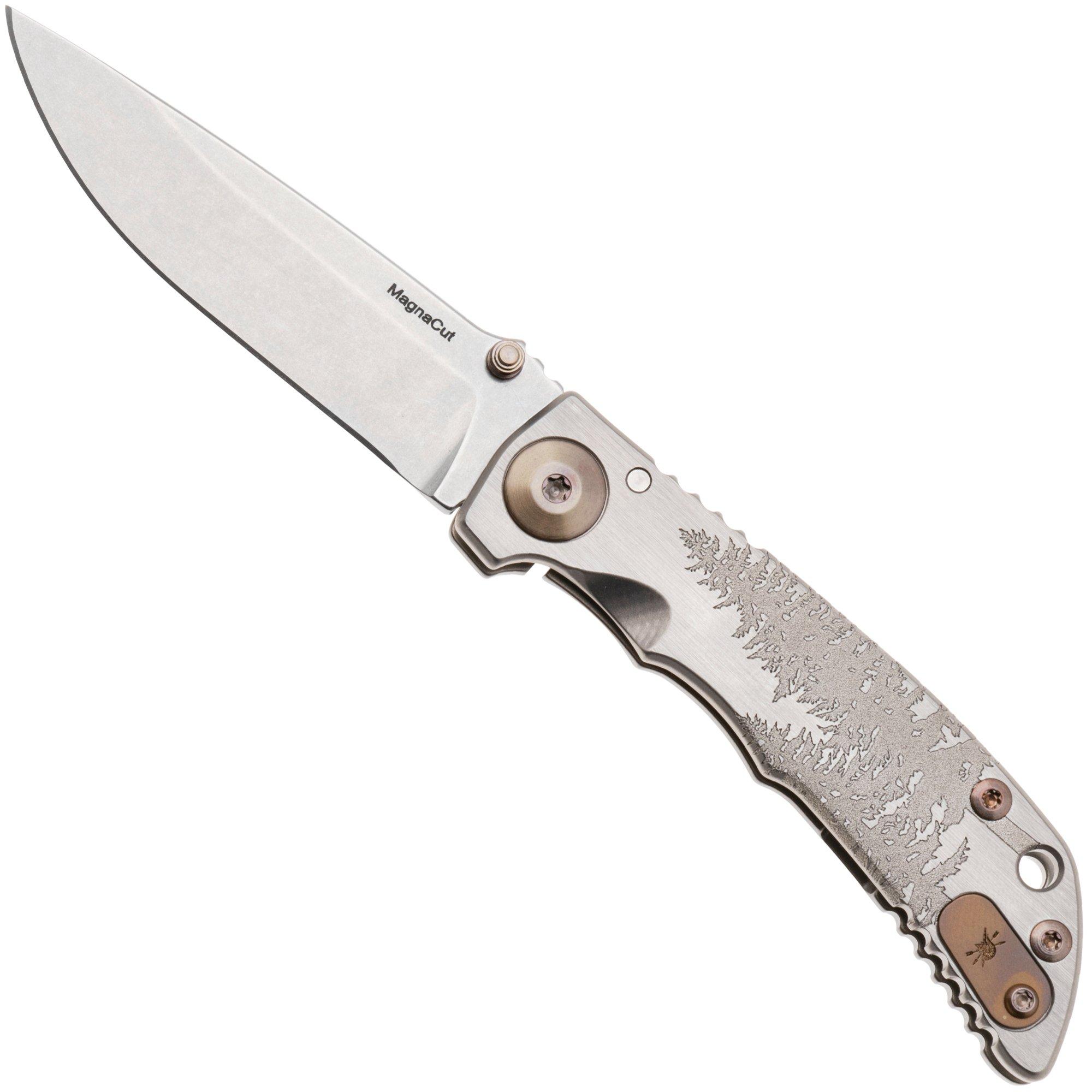 Spartan Harsey Folder 3.25 SF10C-FIR-TREE, Stonewashed CPM MagnaCut, Fir Trees Silver/Gold/Bronze Titanium pocket knife