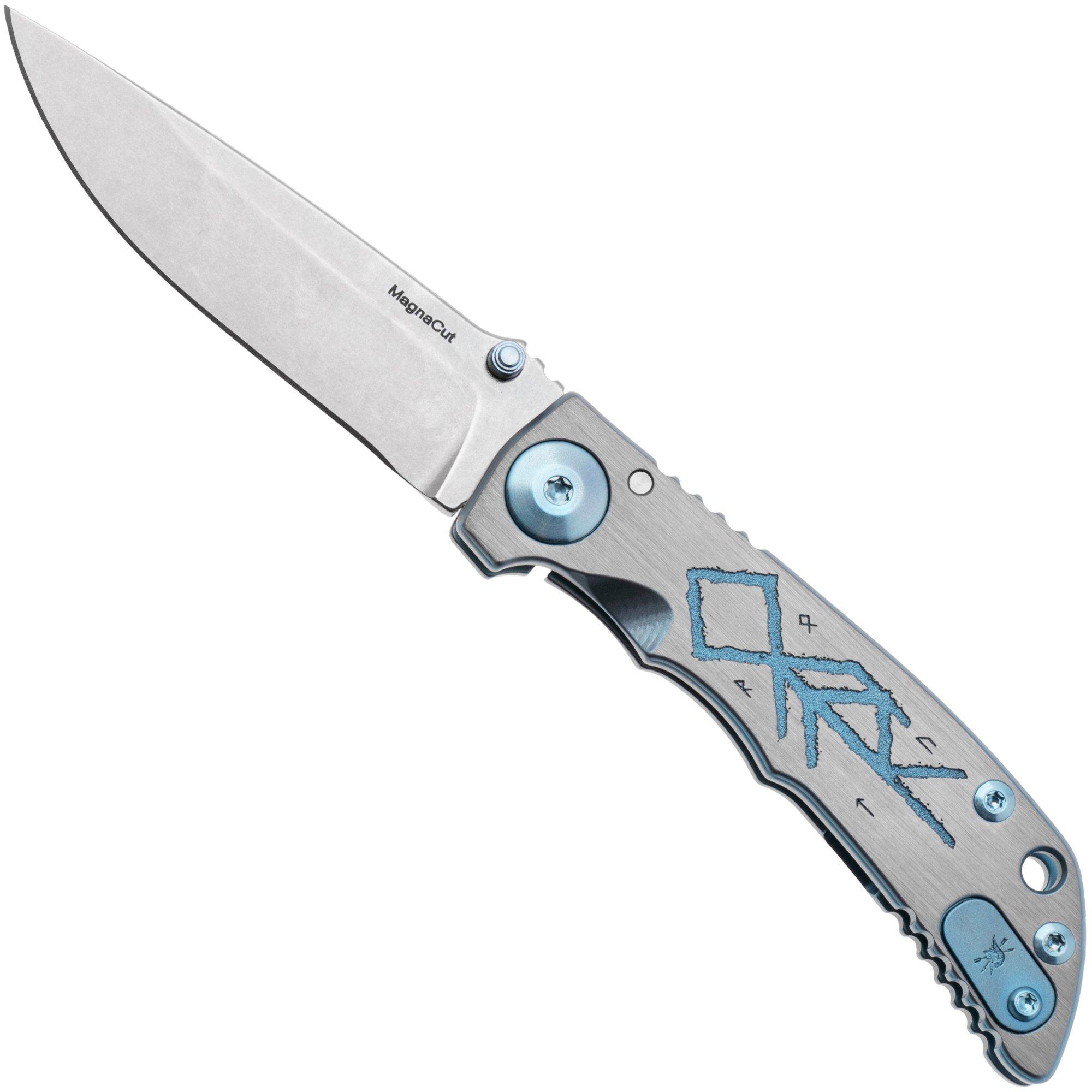 Spartan Harsey Folder 3.25 SF10C-VIK-TRL-WALK, Stonewashed CPM MagnaCut, Viking Trail Walker Blue/Grey Titanium pocket knife
