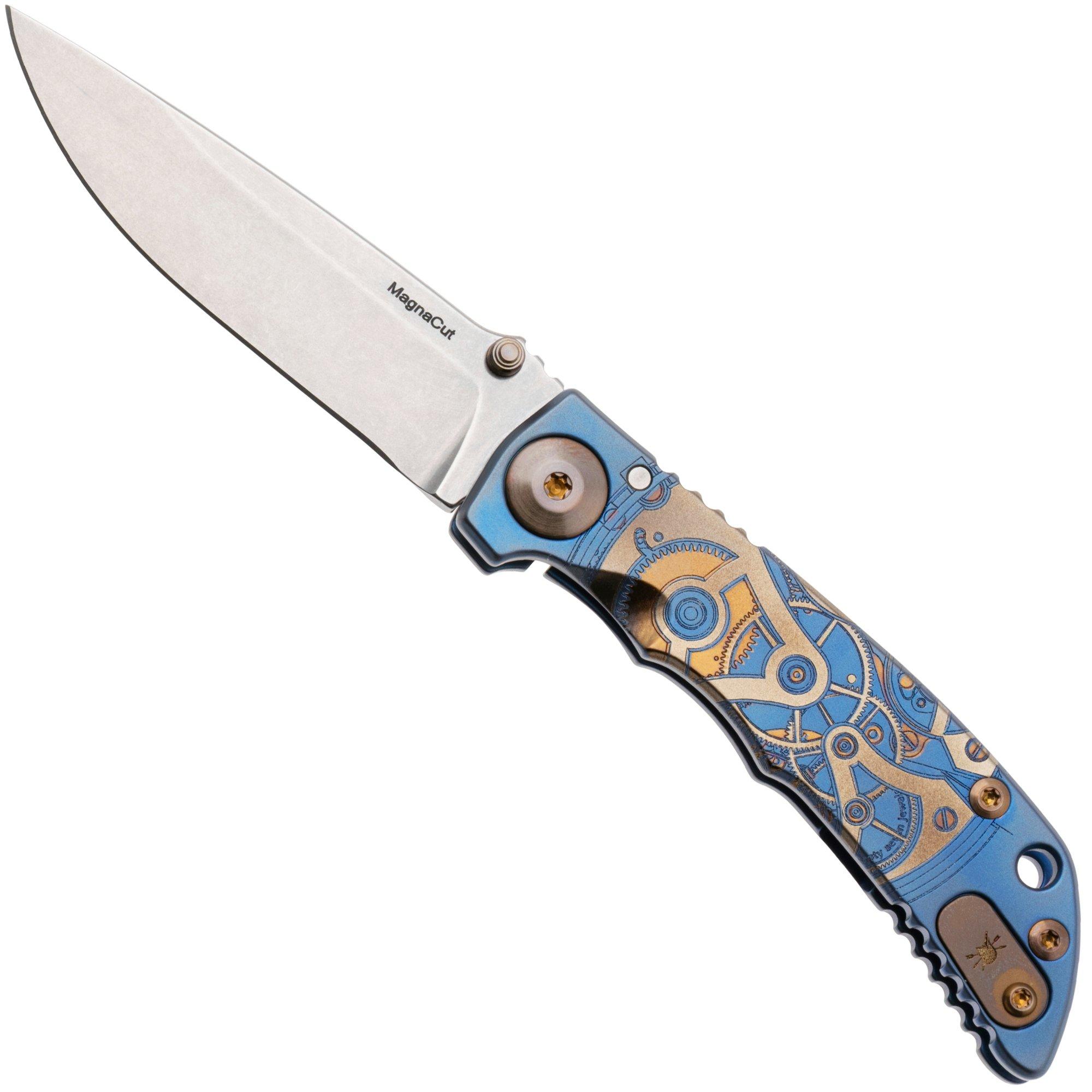 Spartan Harsey Folder 3.25 SF10C-WTCH-WORK, Stonewashed CPM MagnaCut, Watch Works Blue/Bronze/Gold Titanium pocket knife