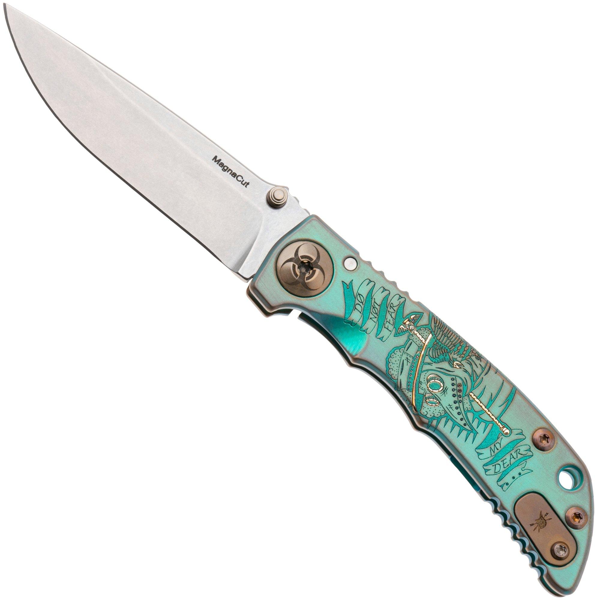 Spartan Harsey Folder 3.25 SF10SWBL-PL-DOC-GR, Stonewashed CPM MagnaCut, Plague Doctor Green/Bronze Anodized Titanium pocket knife