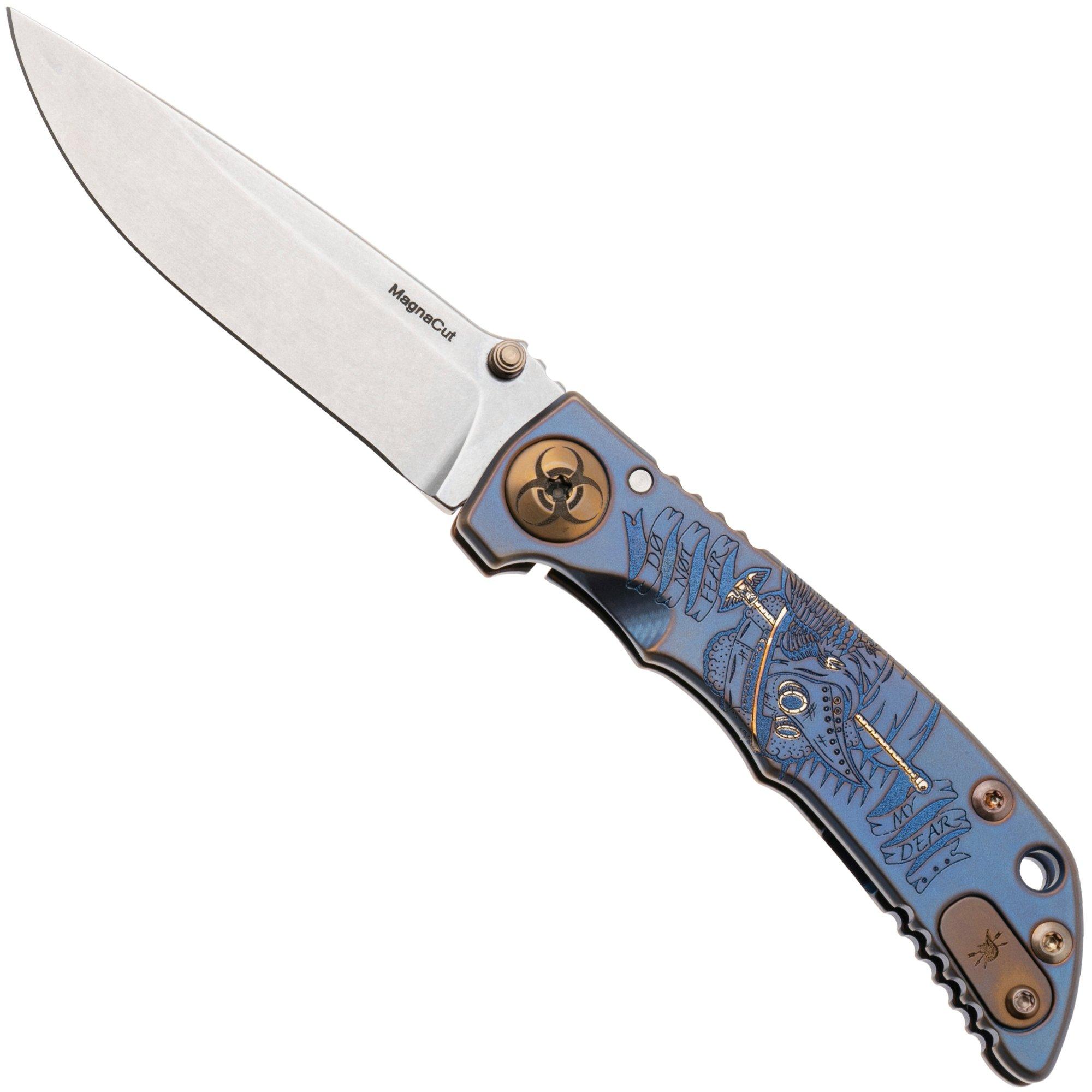 Spartan Harsey Folder 3.25 SF10SWBL-PL-DOC, Stonewashed CPM MagnaCut, Plague Doctor Blue/Bronze Anodized Titanium pocket knife