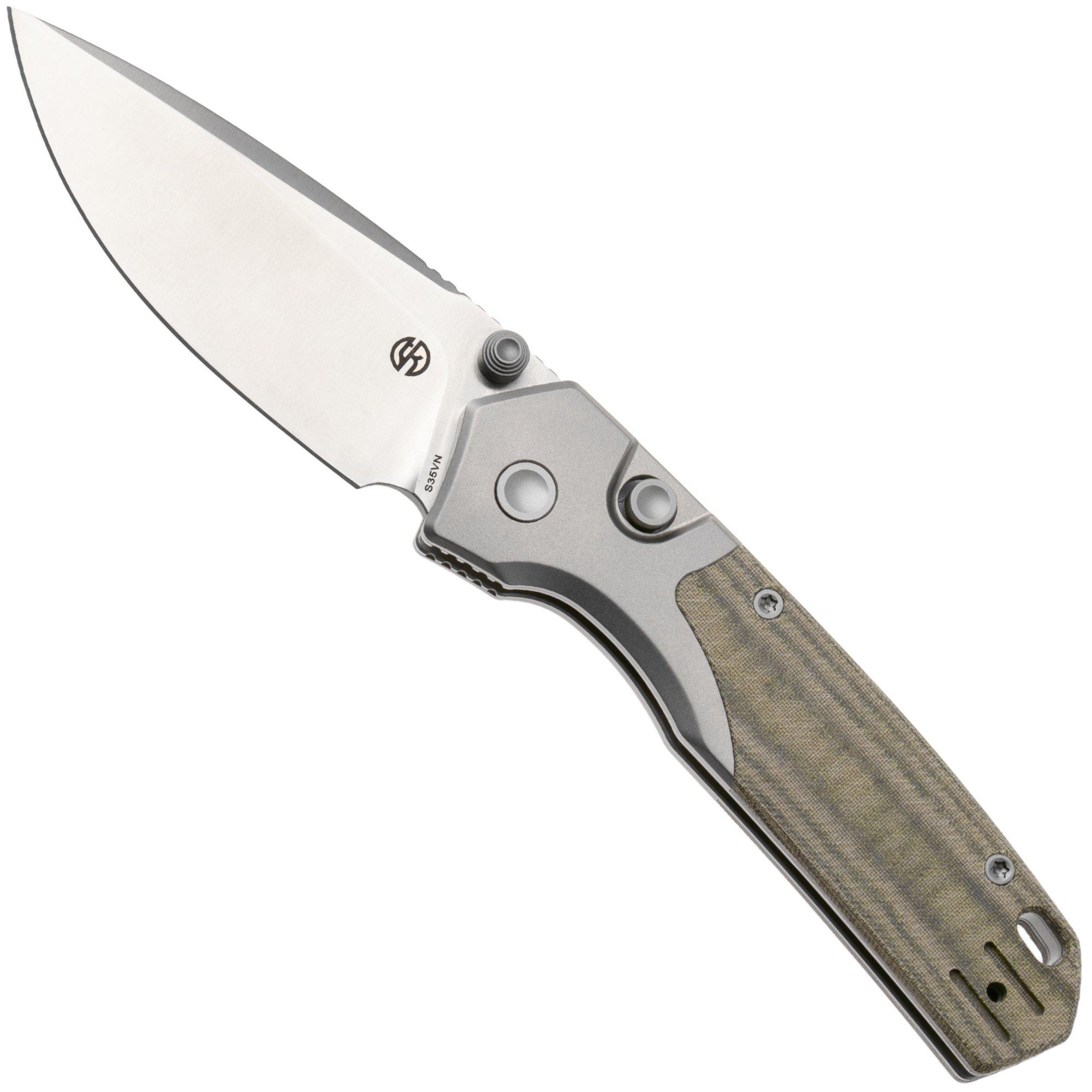 Vosteed Psyop 299 A2218 Satin S35VN, Green Norplex UltreX Micarta & Titanium Bolster, zakmes, Tuffknives design