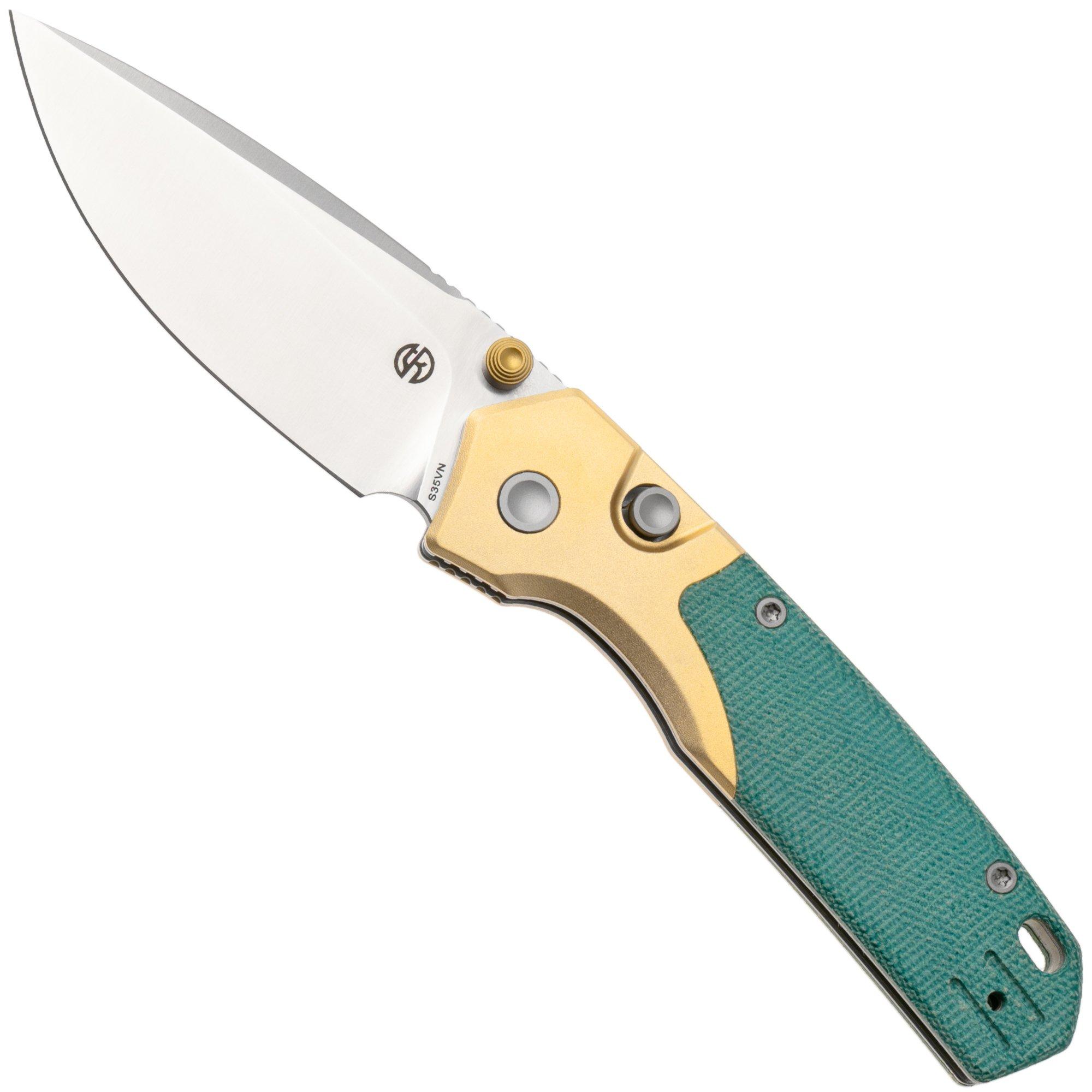 Vosteed Psyop 299 A2221 Satin S35VN, Teal Norplex UltreX Micarta & Brass Bolster, zakmes, Tuffknives design