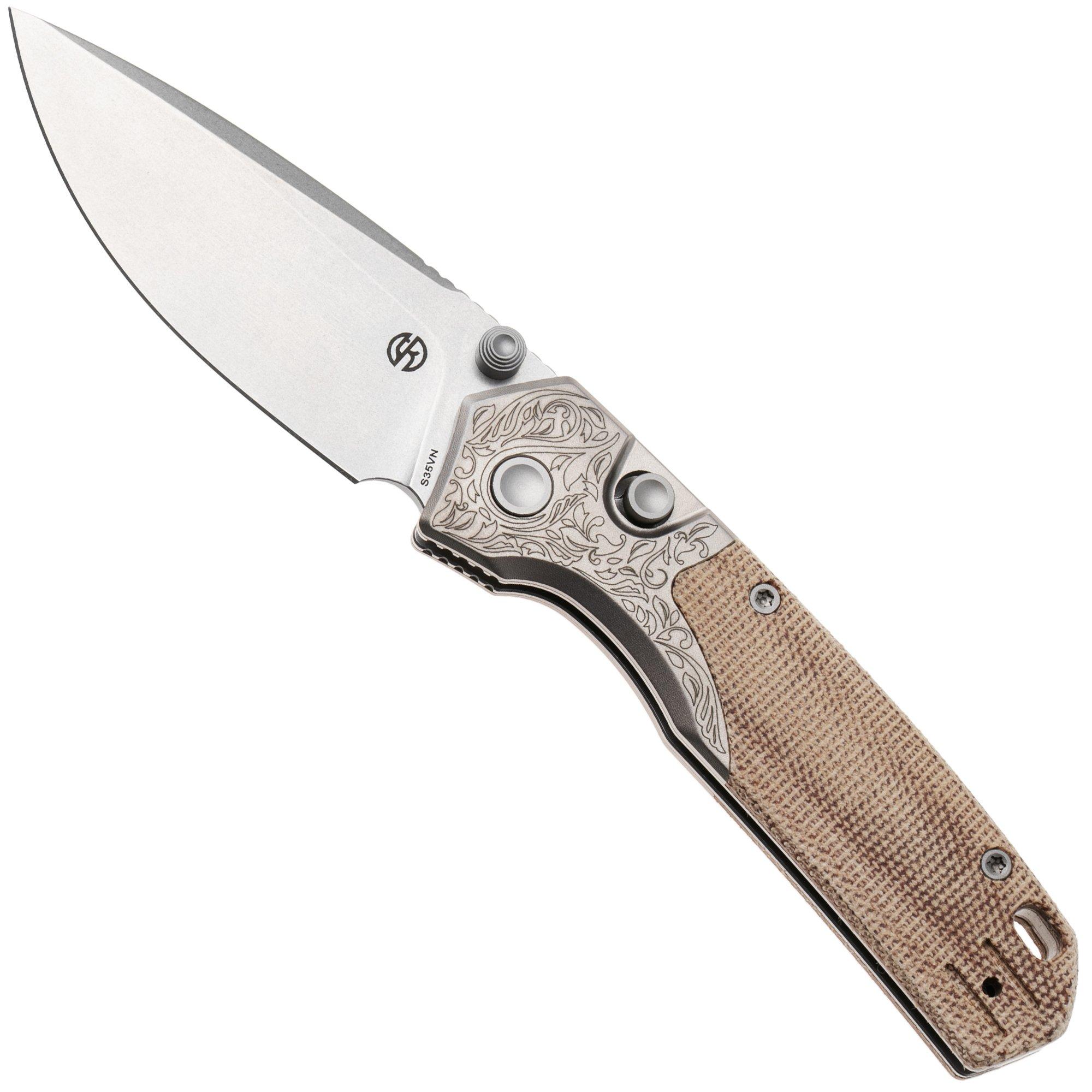 Vosteed Psyop 299 A2232 Stonewashed S35VN, Natural Norplex UltreX Micarta & Engraved Titanium Bolsters, zakmes, Tuffknives design