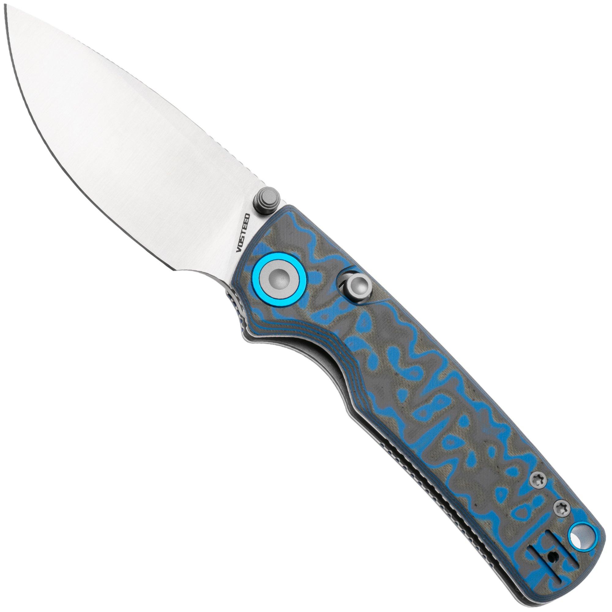 Vosteed Porcupine A2614 Satin 14C28N, Blue Ocean Micarta, couteau de poche, Yue Dong design