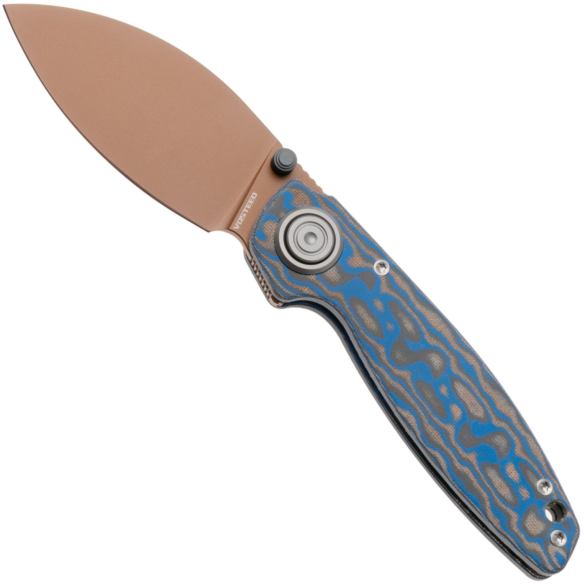 Vosteed Shilin Cutter A2811 Copper Dune PVD 154CM, Blue Ocean Micarta, Taschenmesser, Yue Dong Design