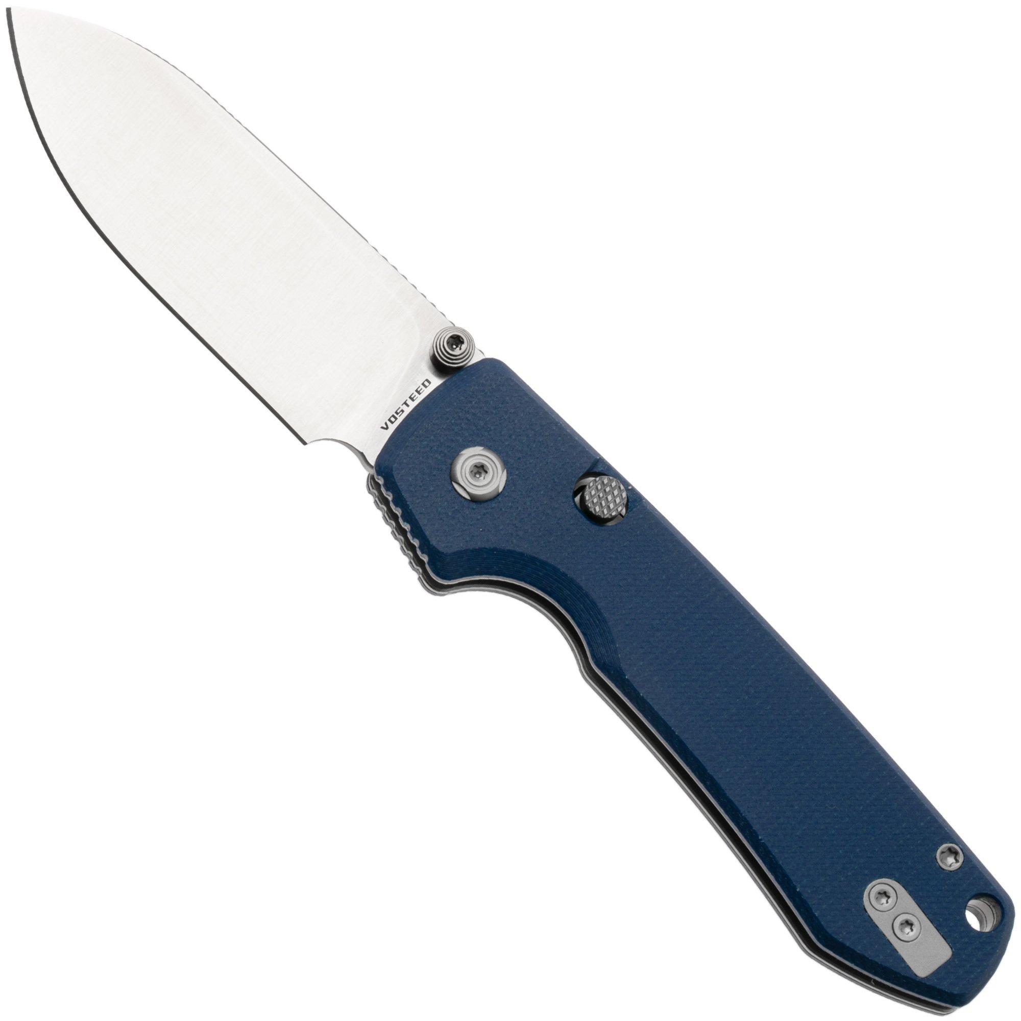 Vosteed Raccoon A2905 Satin 14C28N, Blue Micarta, pocket knife, Yue Dong design