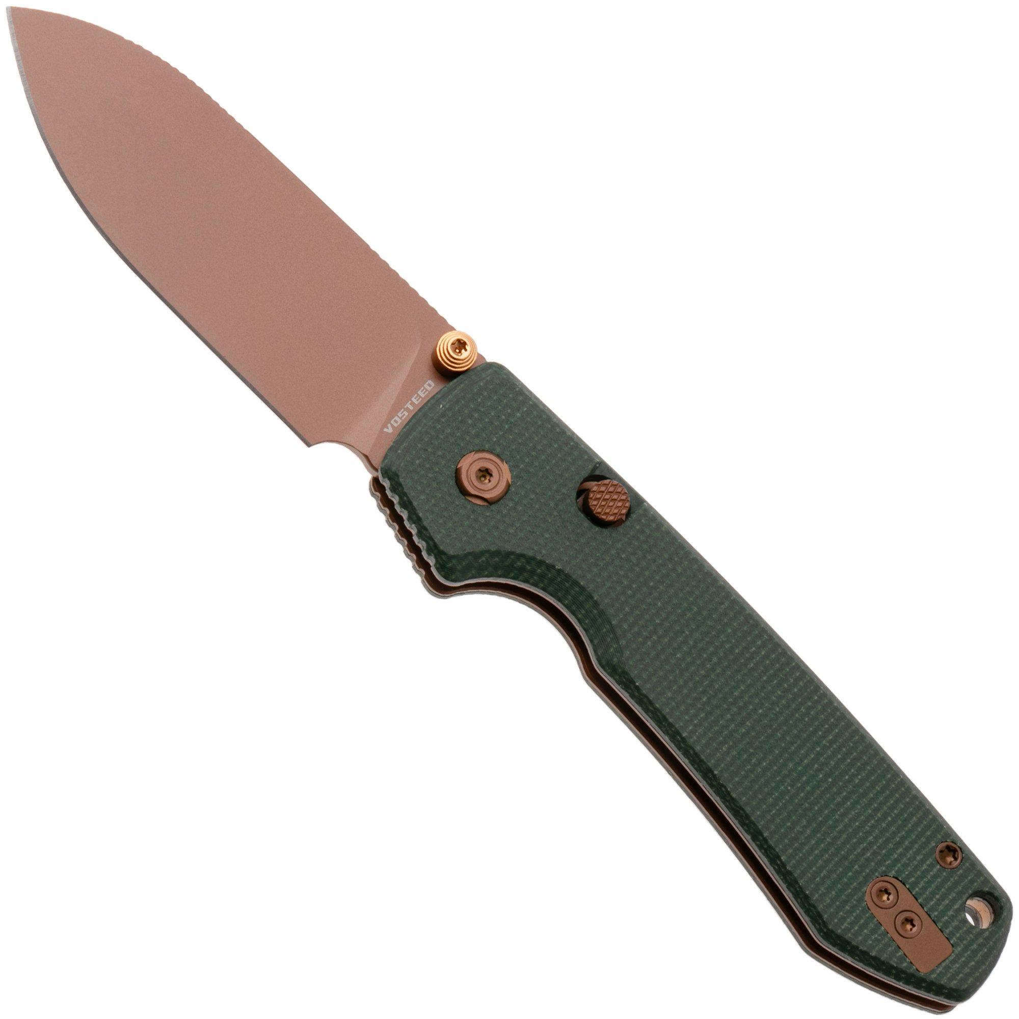 Vosteed Raccoon A2907 Copper Dune PVD 14C28N, Green Micarta, zakmes, Yue Dong design